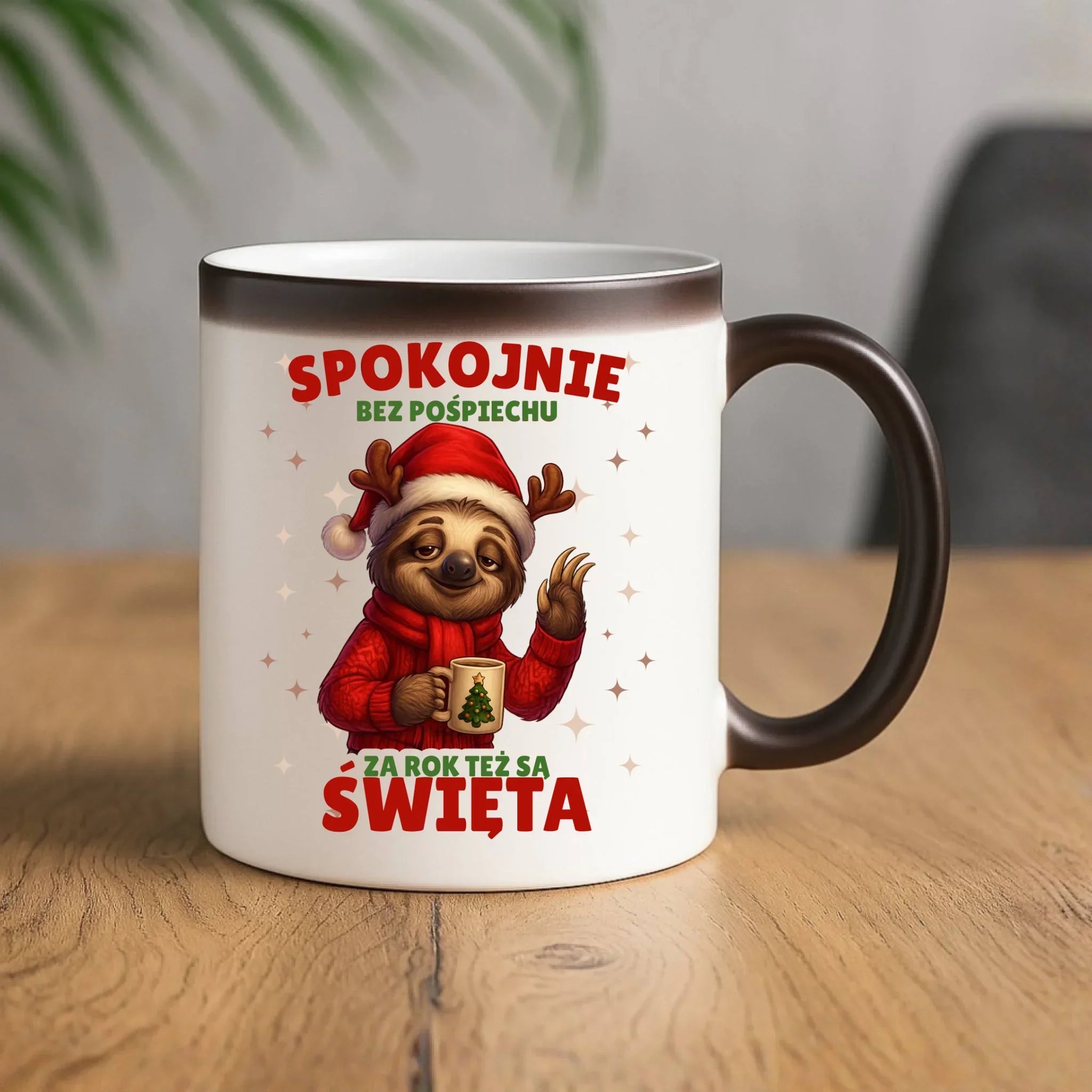 Kubek magiczny świąteczny - Leniwiec Za rok też są święta BN92 - StoryCups.pl