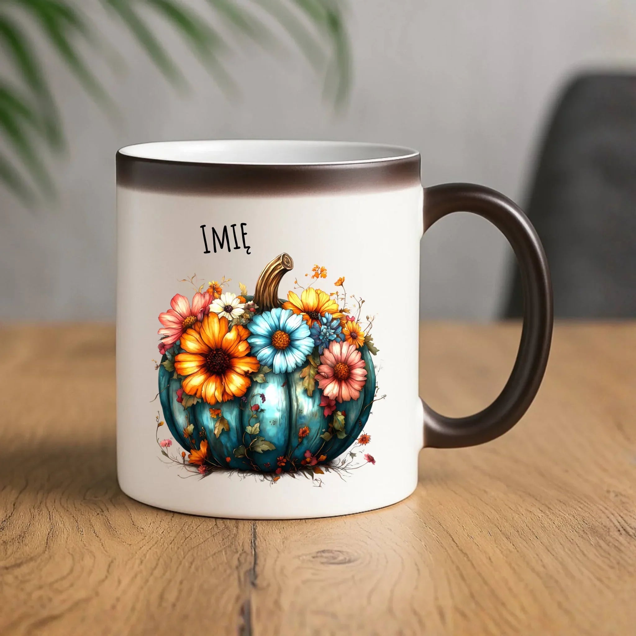 Kubek magiczny jesienny - Kwiatowa dynia - personalizowany JS27 - StoryCups.pl