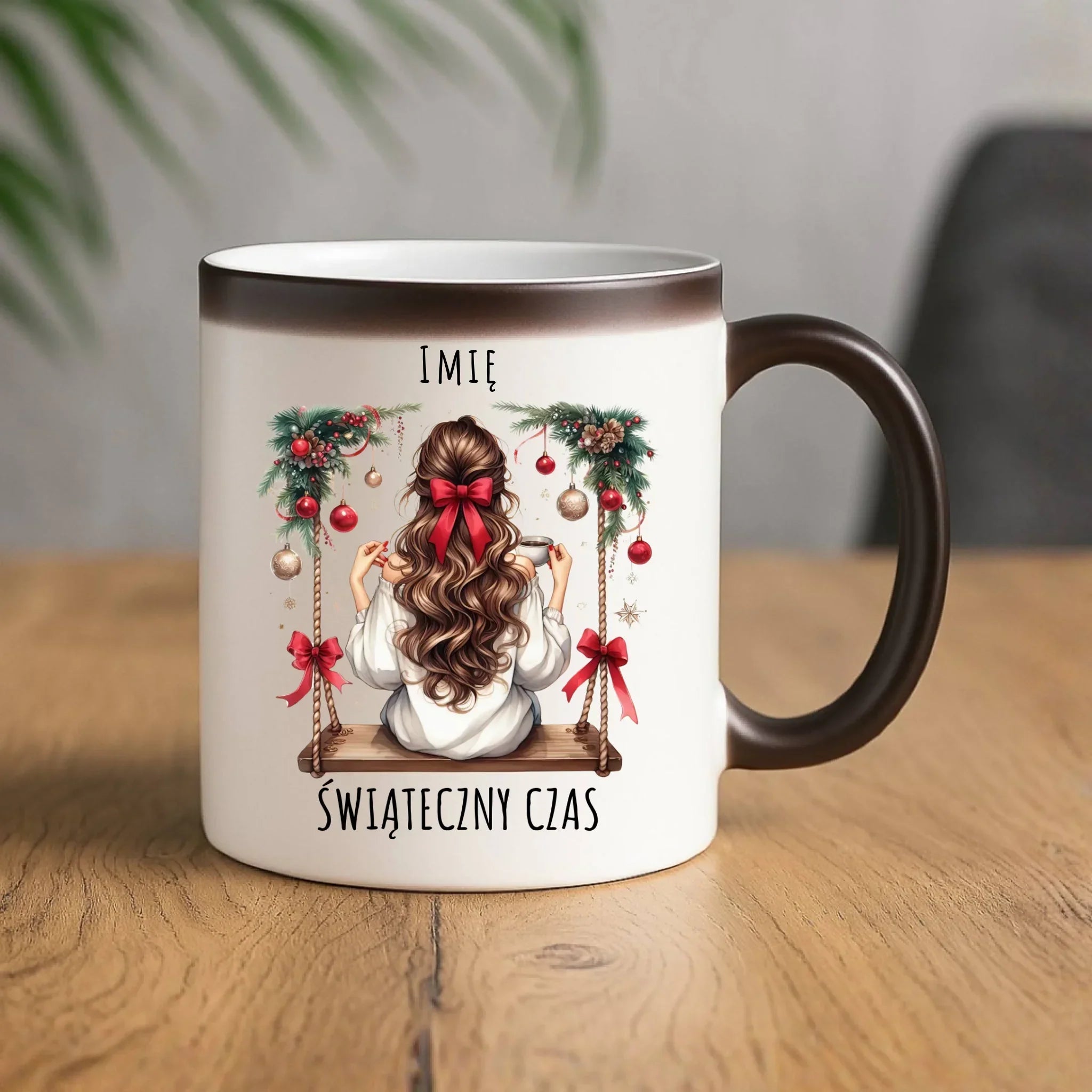 Kubek magiczny świąteczny - Dziewczyna na huśtawce - Świąteczny czas - personalizowany BN105 - StoryCups.pl