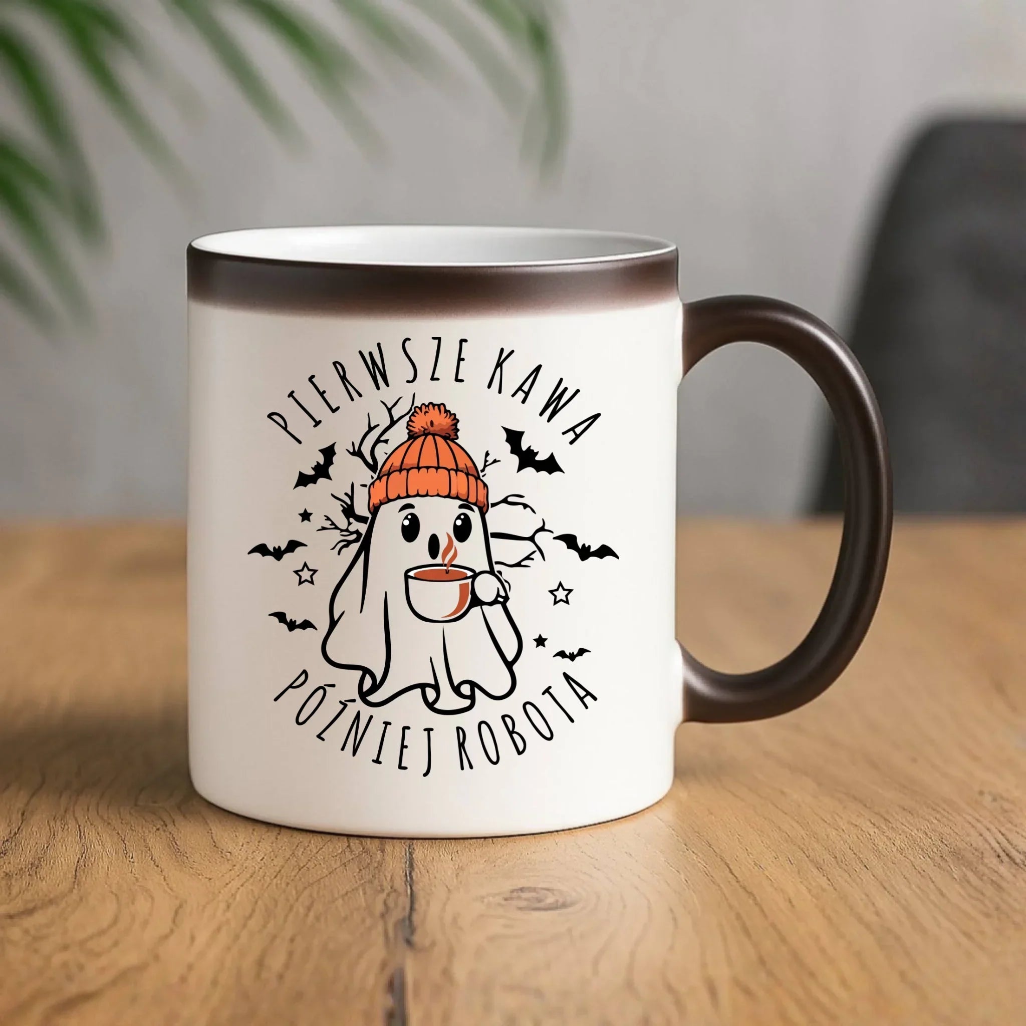 Kubek magiczny na Halloween - Duch z kawą - Pierwsze kawa później robota HL01 - StoryCups.pl