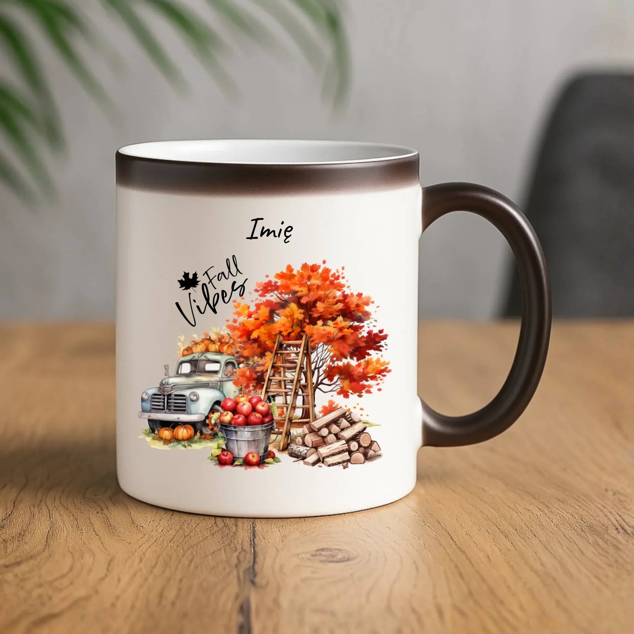 Kubek magiczny jesienny – Vintage auto dynie i jabłka – personalizowany JS07 - StoryCups.pl