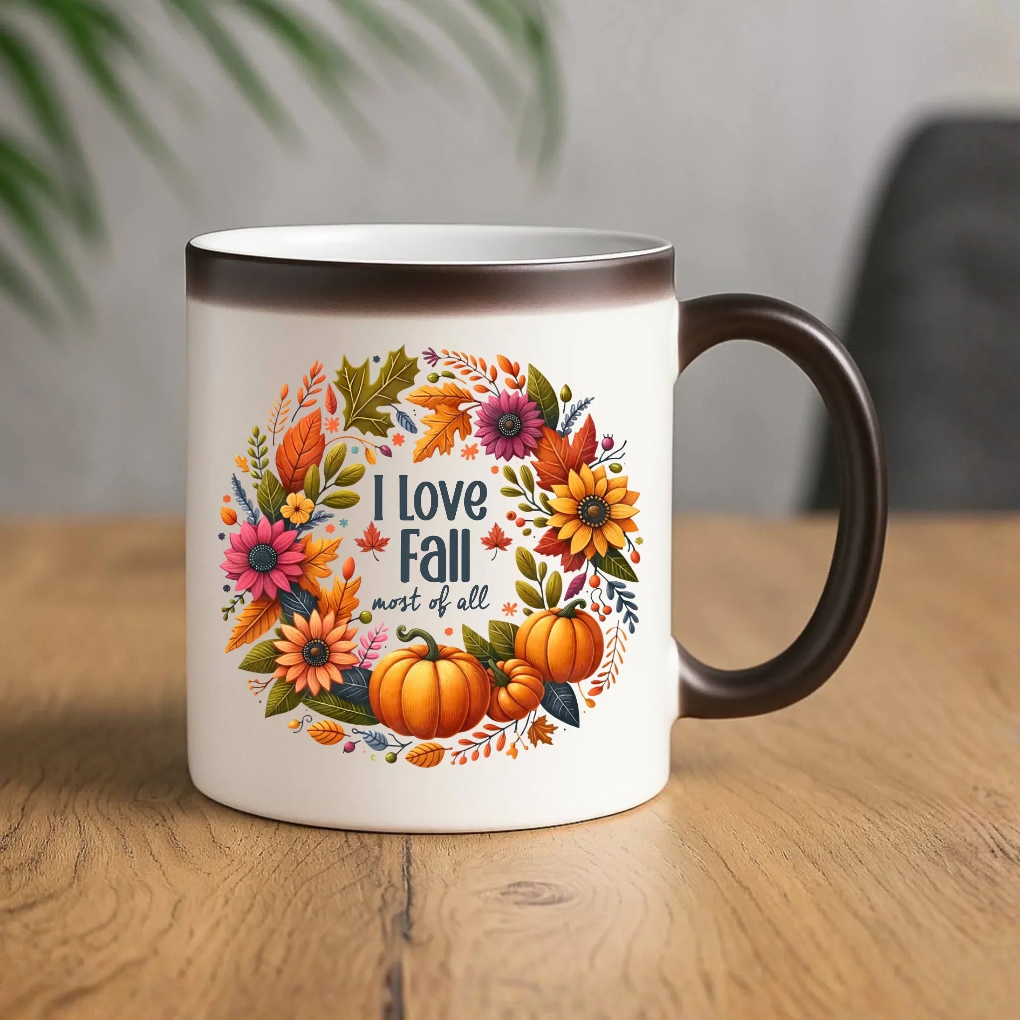 Kubek magiczny jesienny - Kocham jesień - dynia z liśćmi JS03 - StoryCups.pl