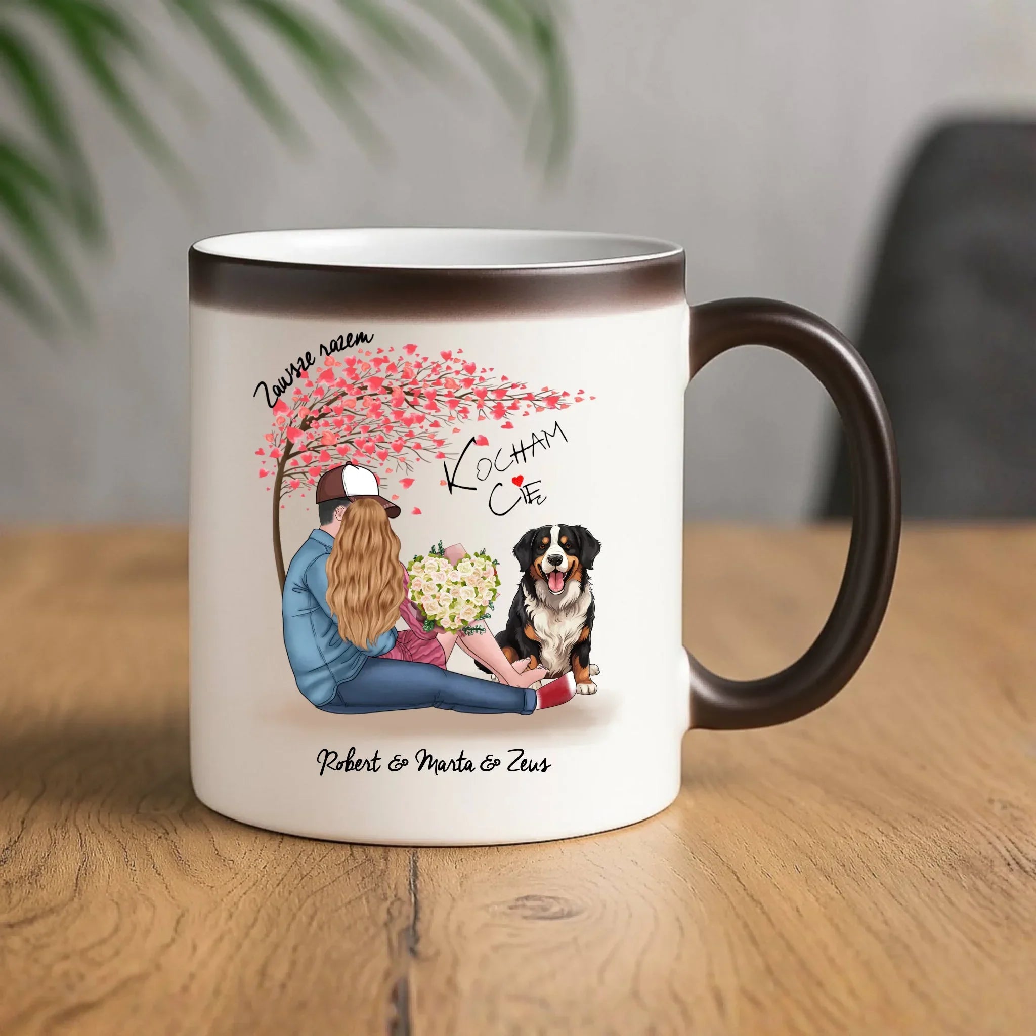 Kubek magiczny dla par + Berneńczyk - Zawsze razem - personalizowany W04A - StoryCups.pl