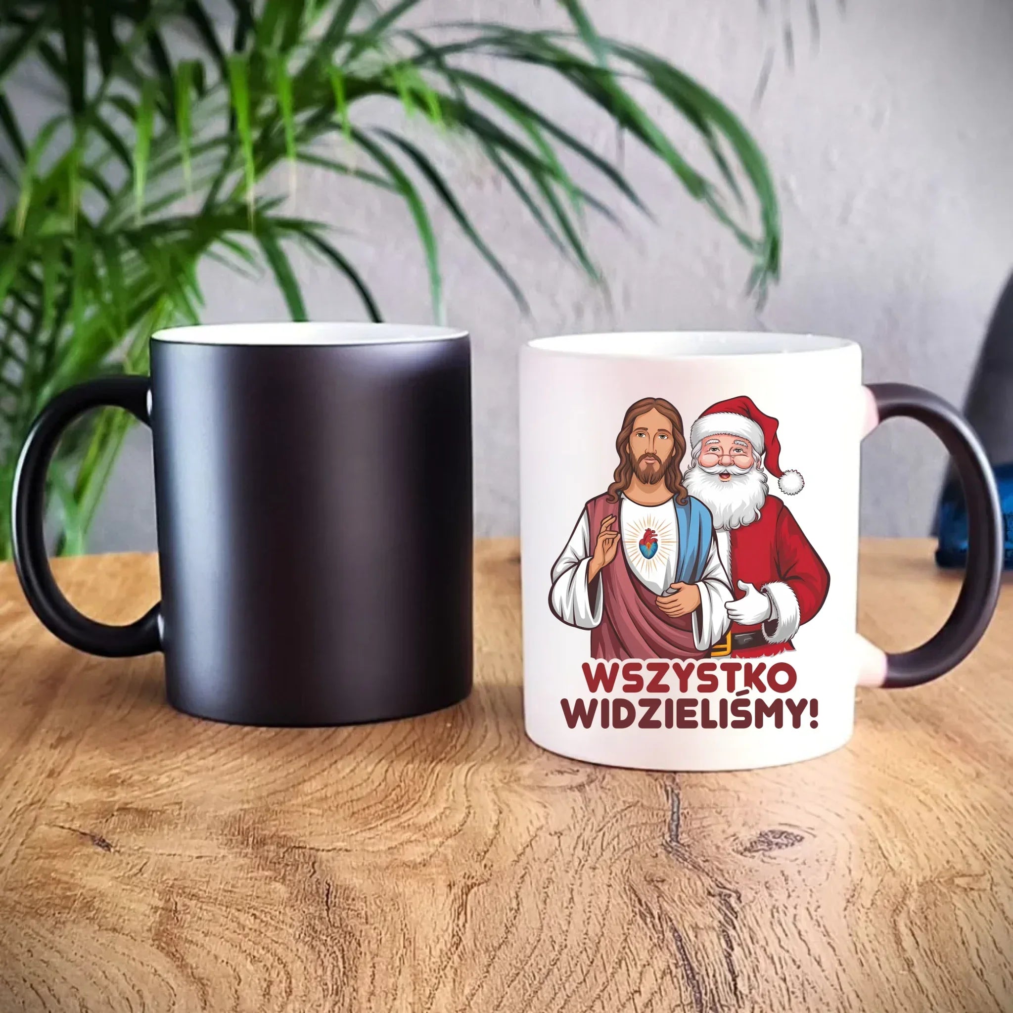Kubek magiczny świąteczny - Jezus i Mikołaj Wszystko widzieliśmy BN89 - StoryCups.pl