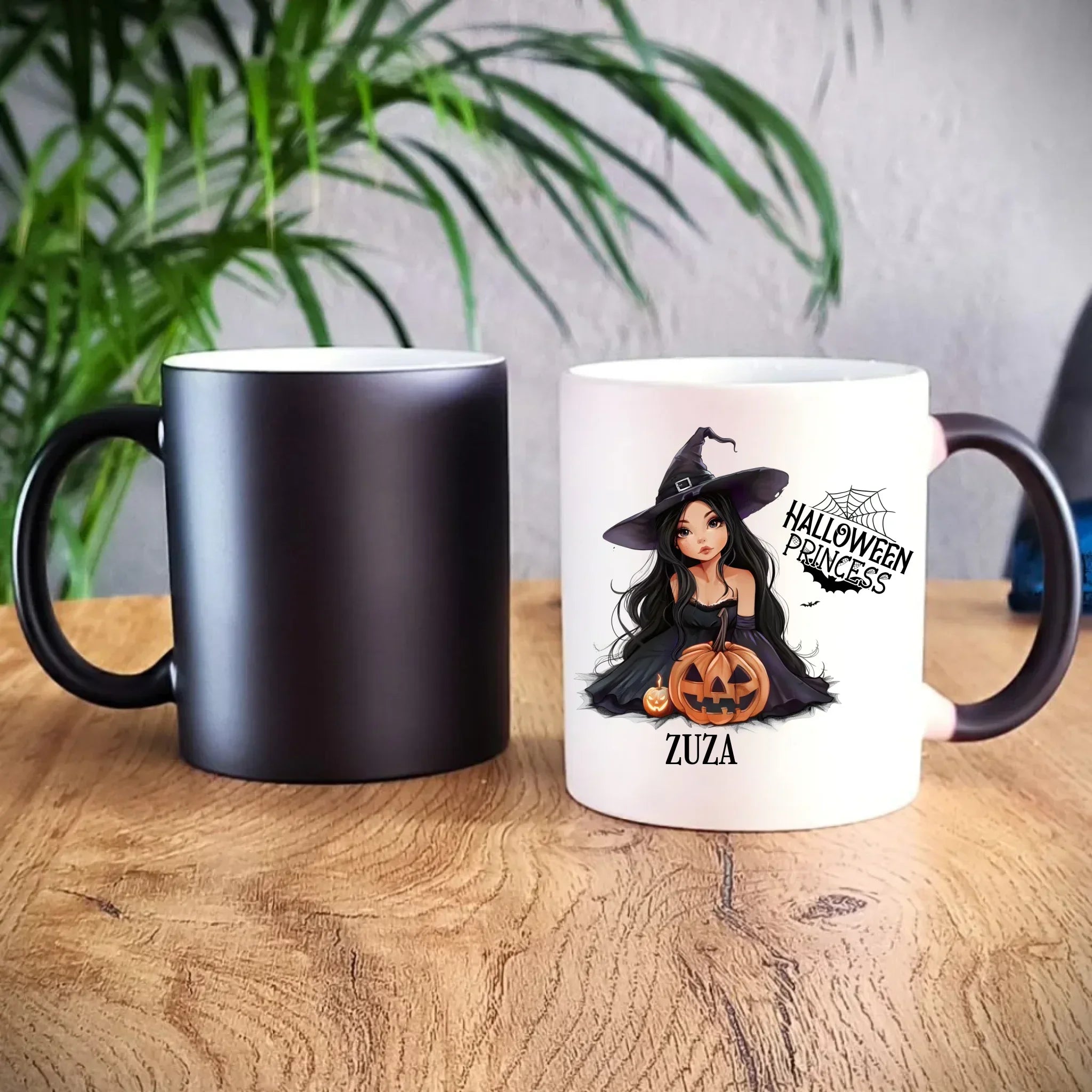 Kubek magiczny halloweenowy - Czarownica z dynią - personalizowany HL10 - StoryCups.pl