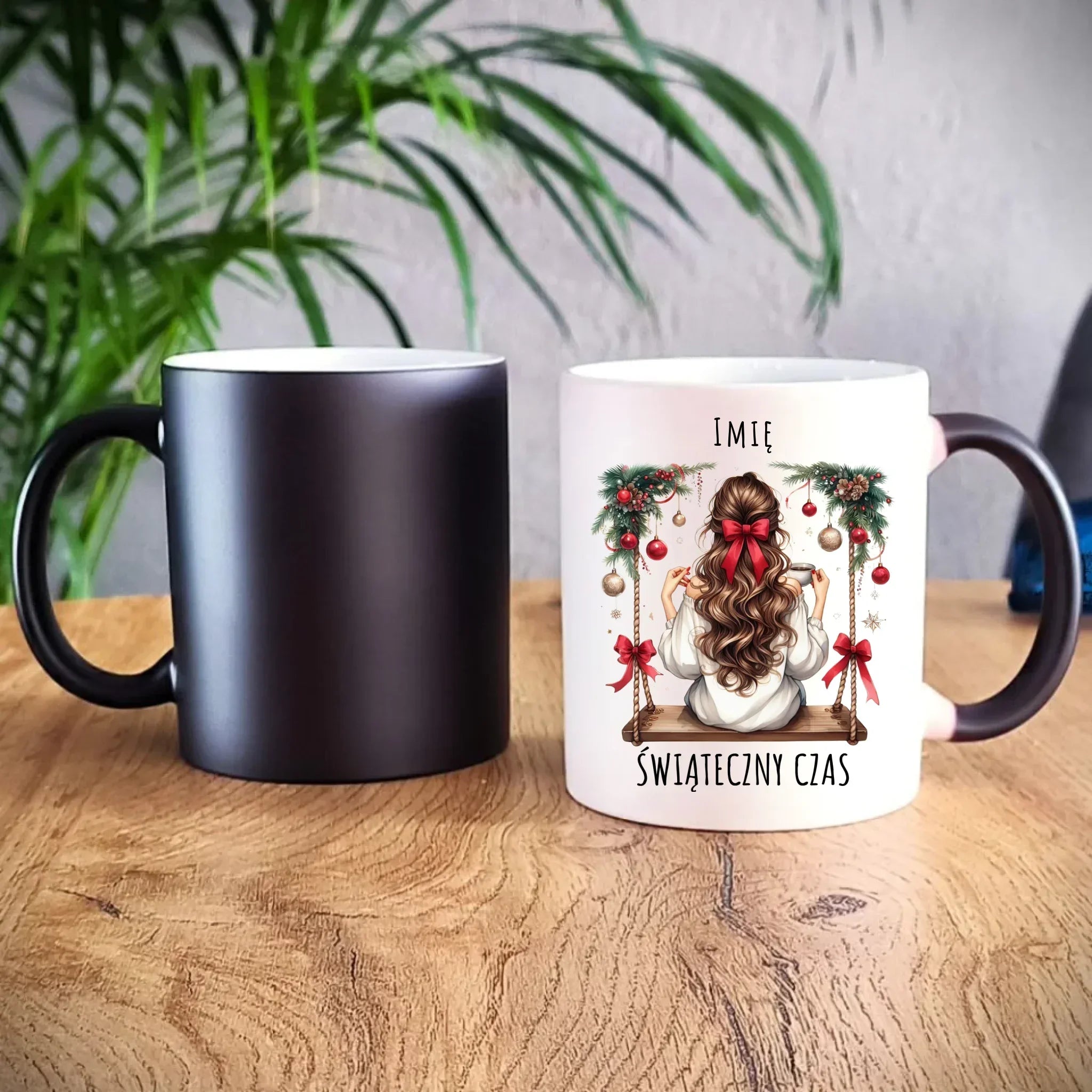 Kubek magiczny świąteczny - Dziewczyna na huśtawce - Świąteczny czas - personalizowany BN105 - StoryCups.pl