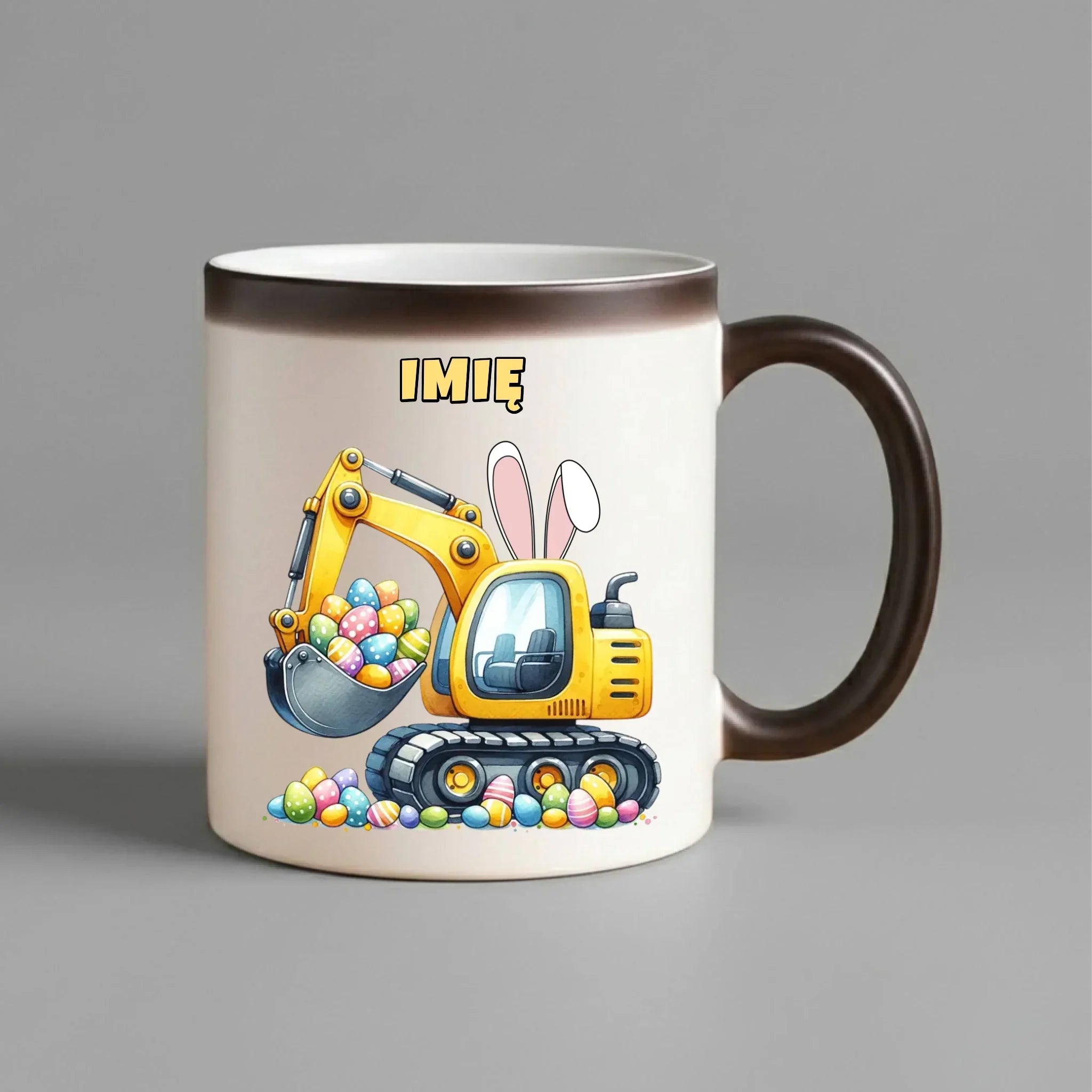 Kubek magiczny na Wielkanoc - Koparka z pisankami - personalizowany WN17 - StoryCups.pl