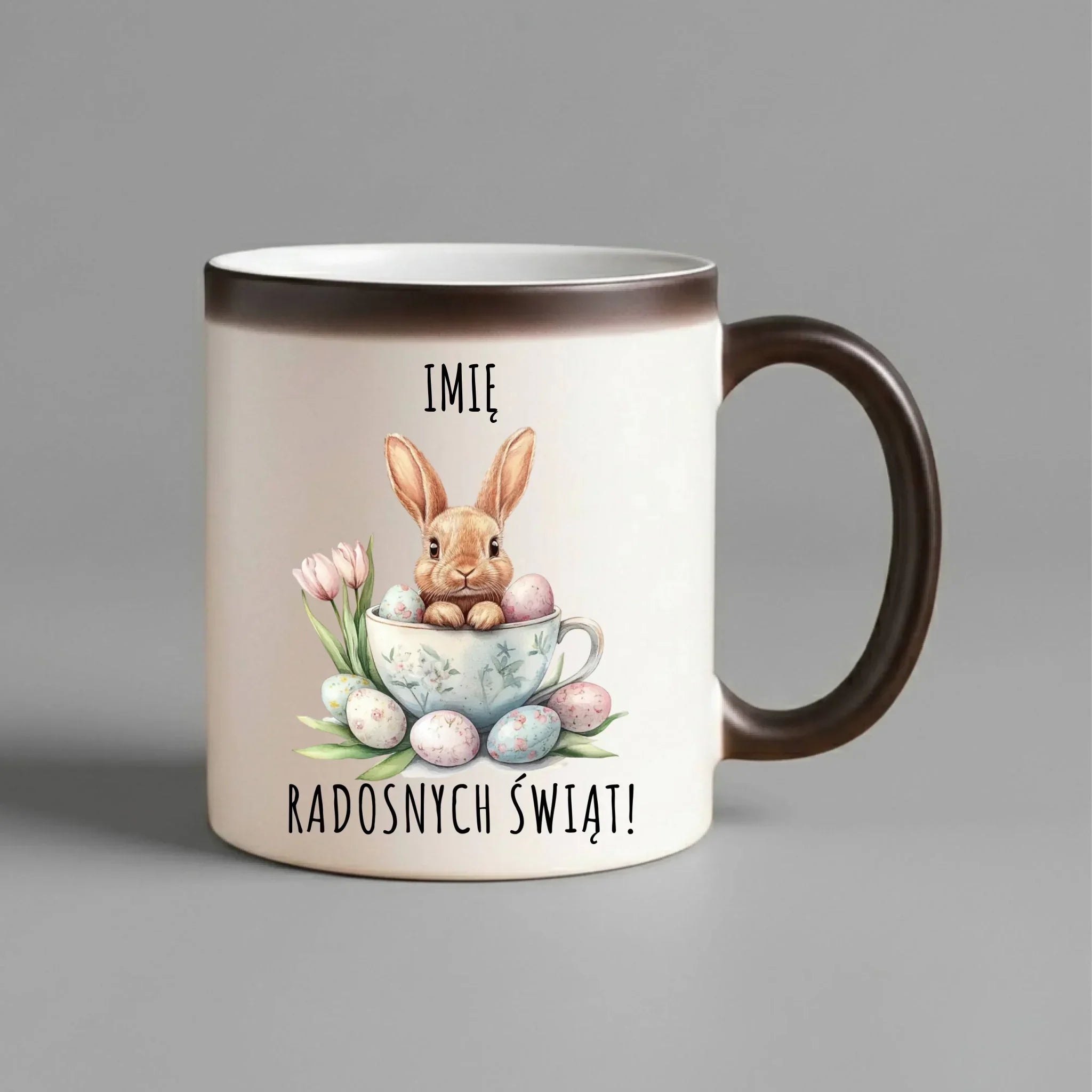 Kubek magiczny na Wielkanoc - Zajączek radosnych świąt - personalizowany WN01 - StoryCups.pl