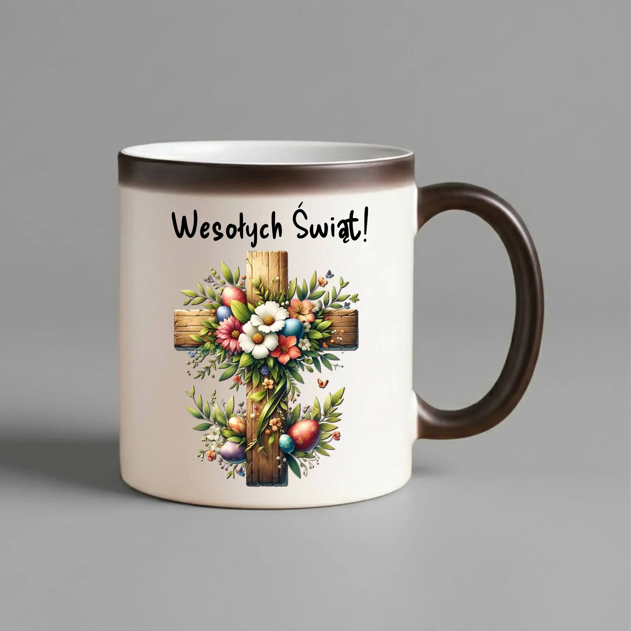 Kubek magiczny na Wielkanoc - Krzyż z kwiatami Wesołych Świąt WN02 - StoryCups.pl