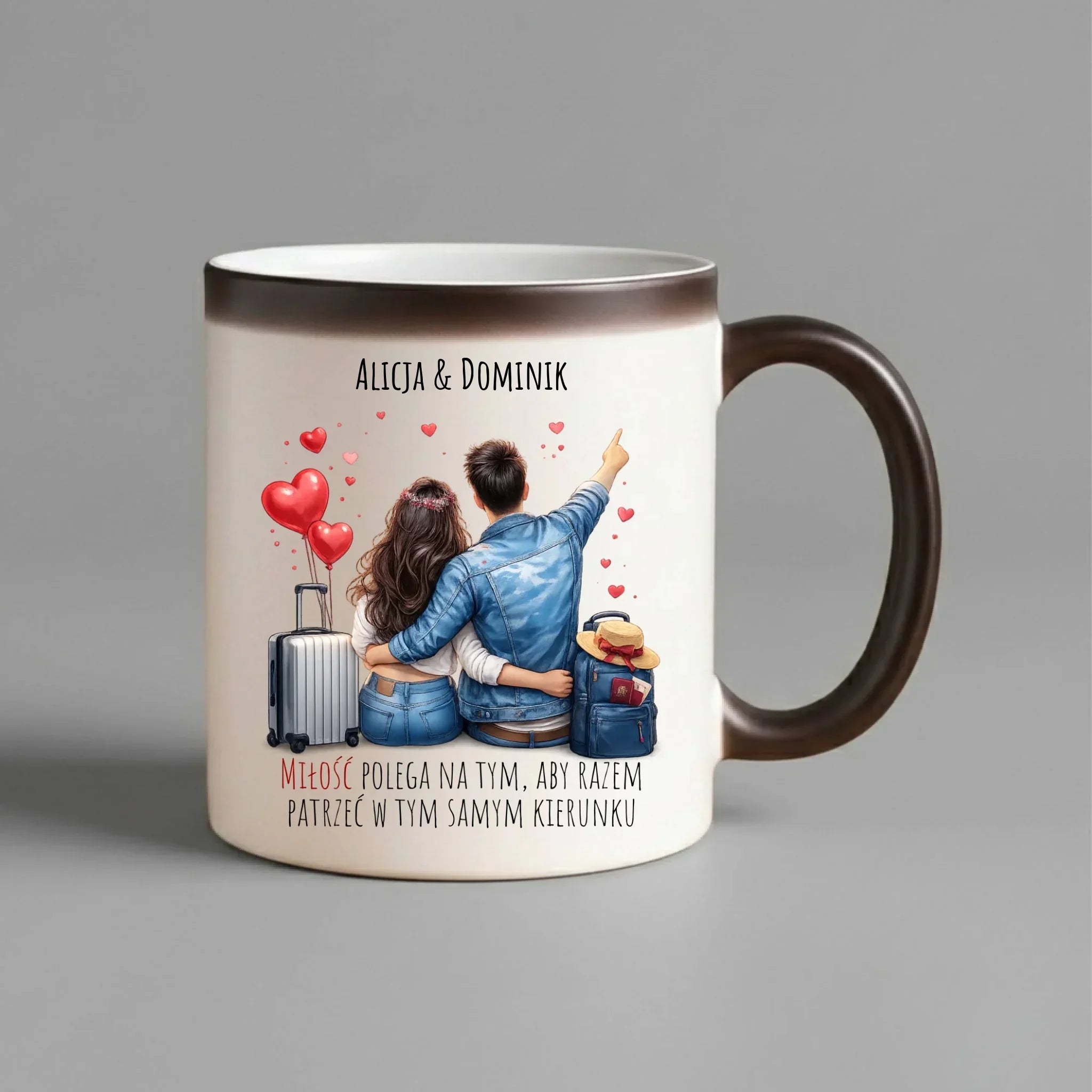 Kubek magiczny dla par - Para w podróży miłość - personalizowany W12 - StoryCups.pl