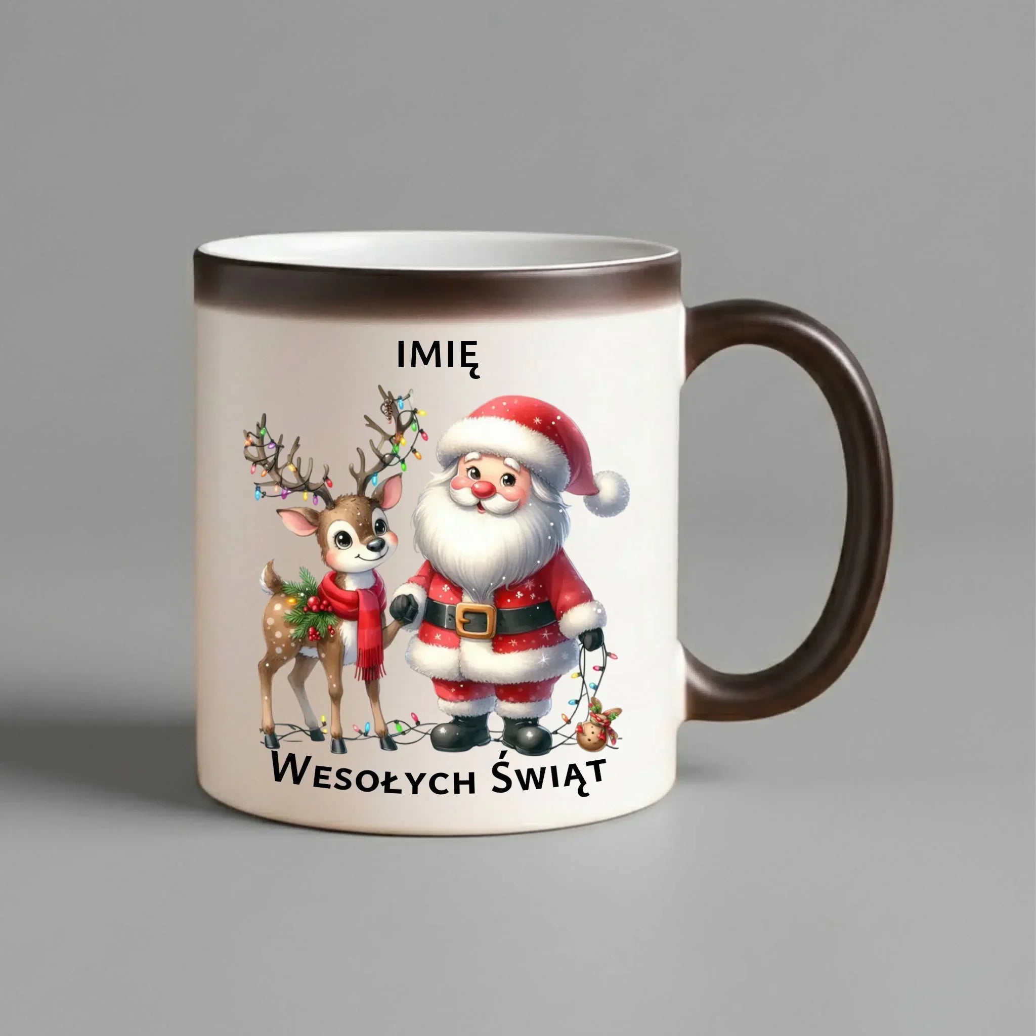 Kubek magiczny świąteczny - Mikołaj z reniferem - personalizowany BN09 - StoryCups.pl