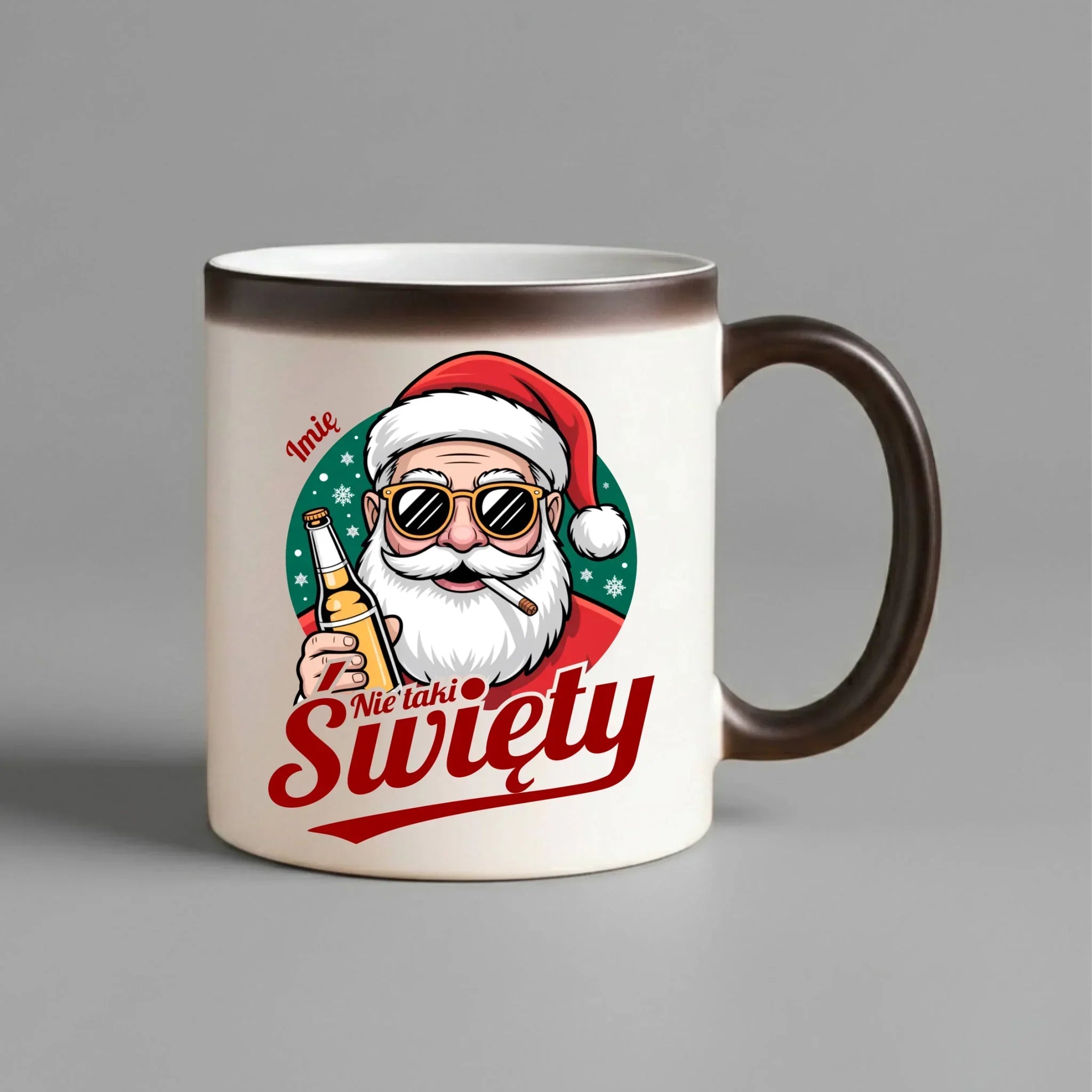 Kubek magiczny świąteczny - Mikołaj nie taki święty - personalizowany BN80 - StoryCups.pl
