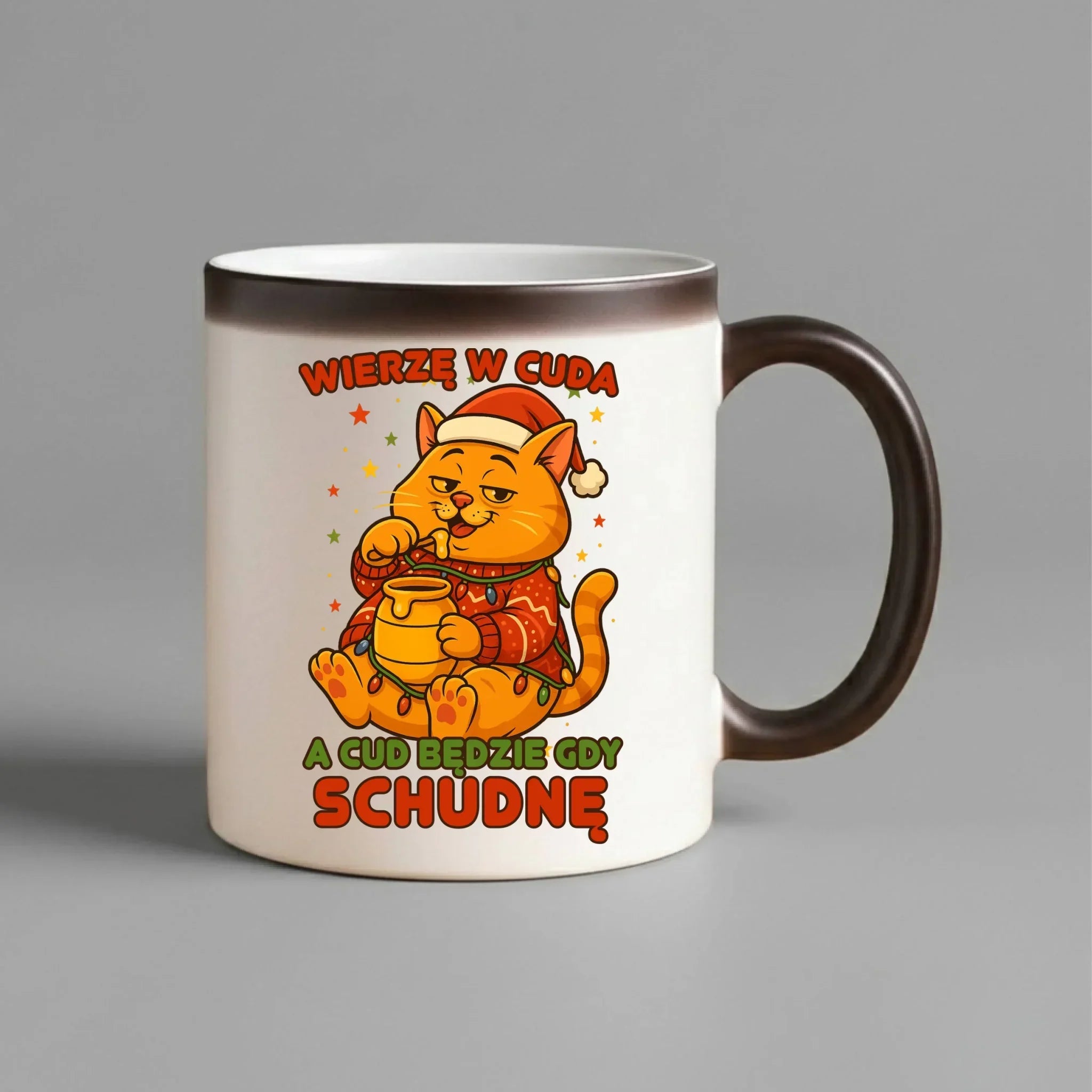 Kubek magiczny świąteczny - Wierzę w cuda, a cud będzie gdy schudnę BN88 - StoryCups.pl