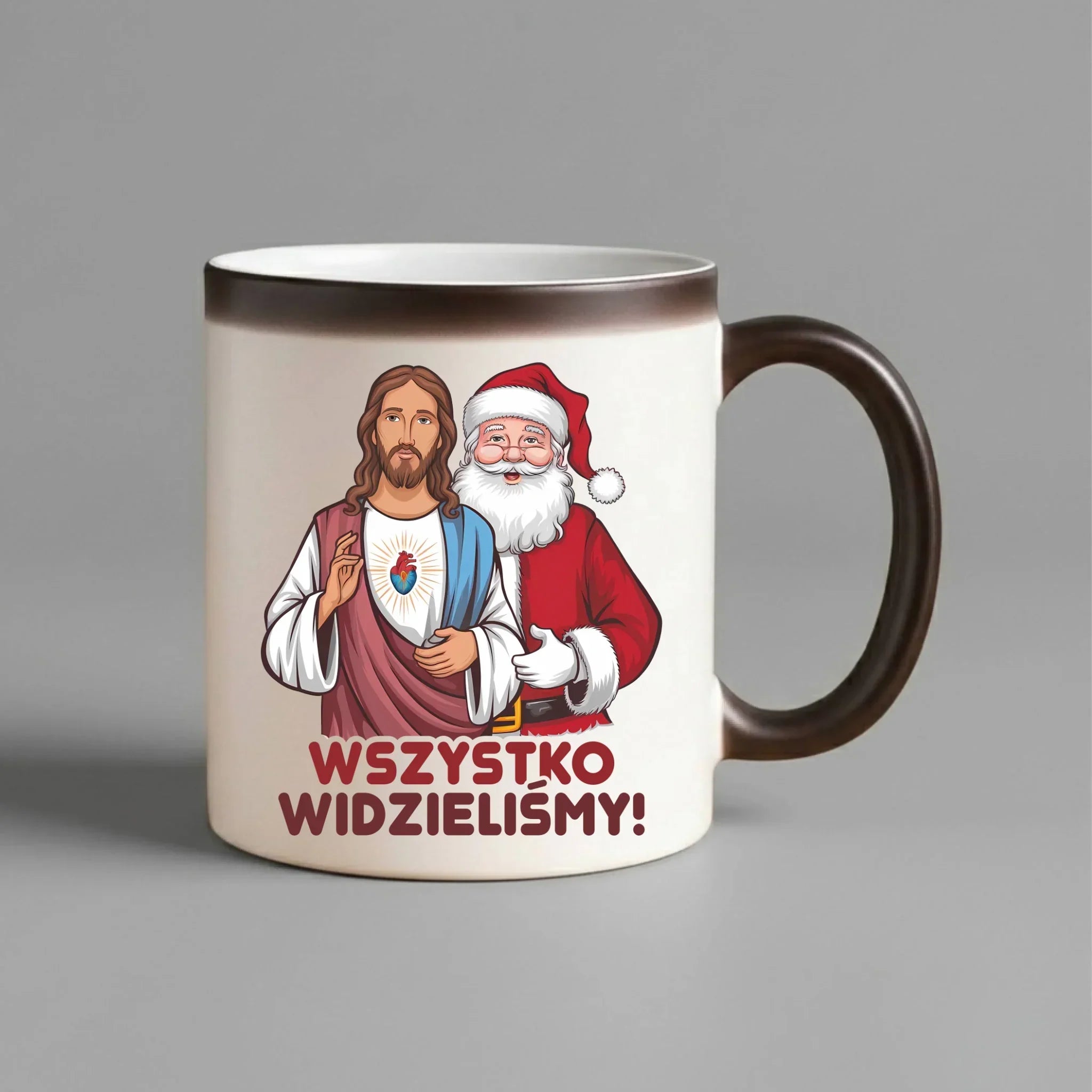 Kubek magiczny świąteczny - Jezus i Mikołaj Wszystko widzieliśmy BN89 - StoryCups.pl