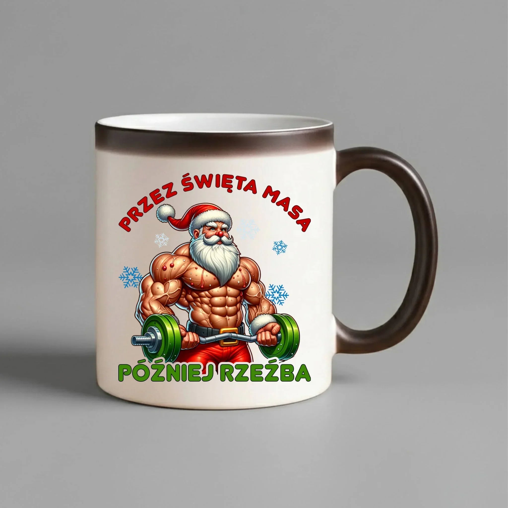 Kubek magiczny świąteczny - Mikołaj na siłowni - Przez święta masa, później rzeźba BN139 - StoryCups.pl