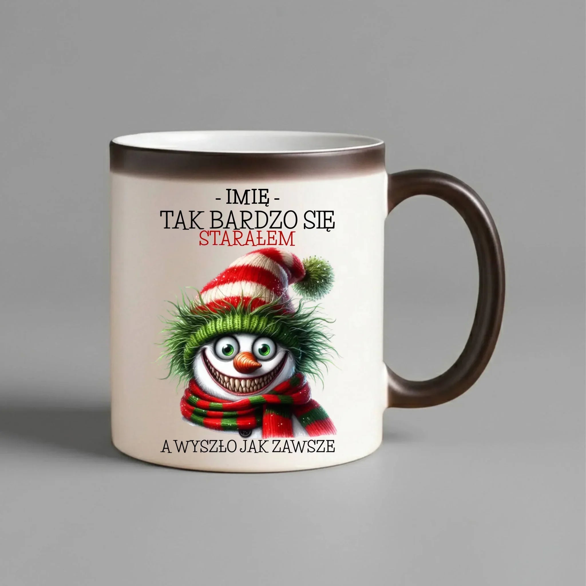 Kubek magiczny świąteczny z bałwanem - Tak bardzo się starałem - personalizowany BN120 - StoryCups.pl