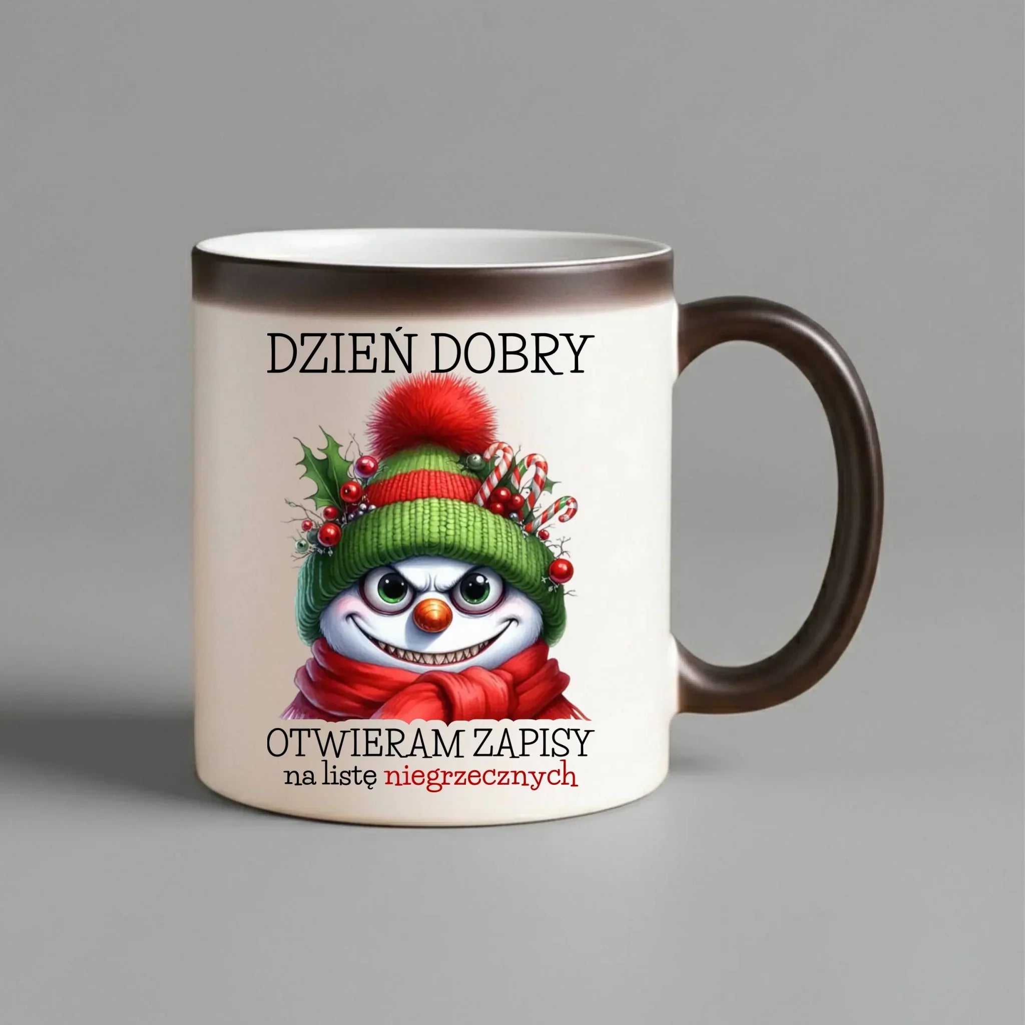 Kubek magiczny świąteczny - Niegrzeczny bałwan - Dzień dobry otwieram zapisy na listę BN121 - StoryCups.pl