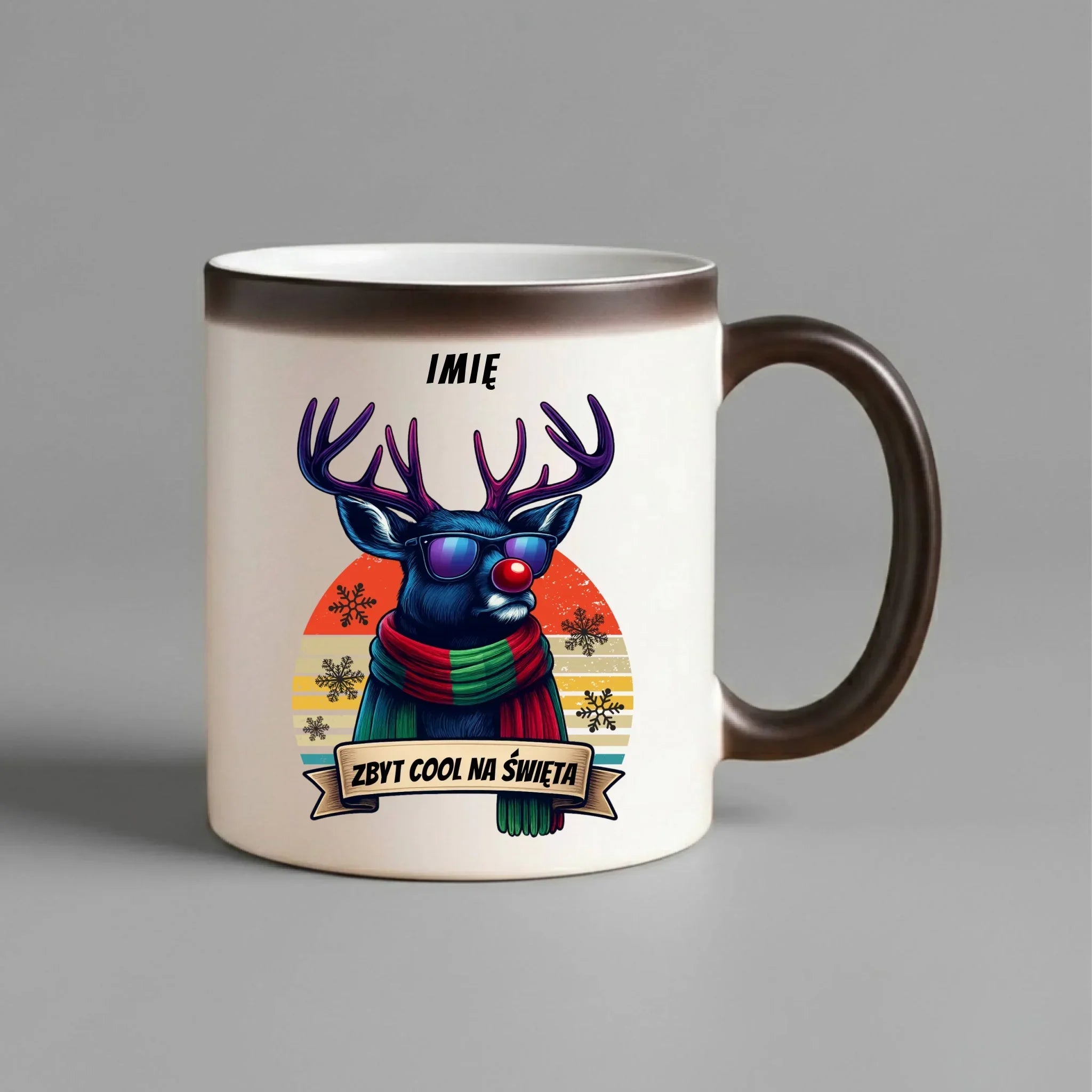 Kubek magiczny świąteczny z reniferem - Zbyt cool na święta - personalizowany BN128 - StoryCups.pl