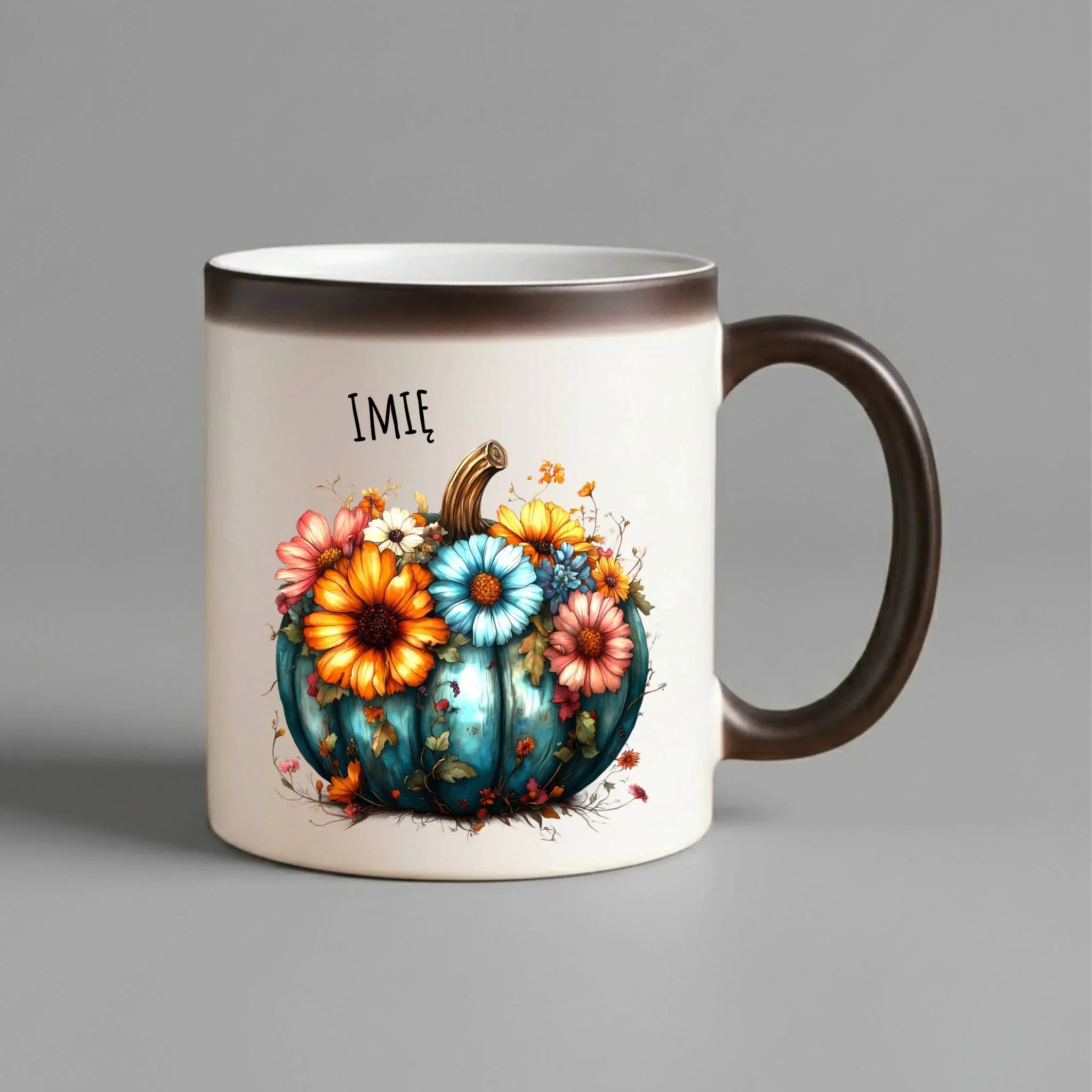 Kubek magiczny jesienny - Kwiatowa dynia - personalizowany JS27 - StoryCups.pl