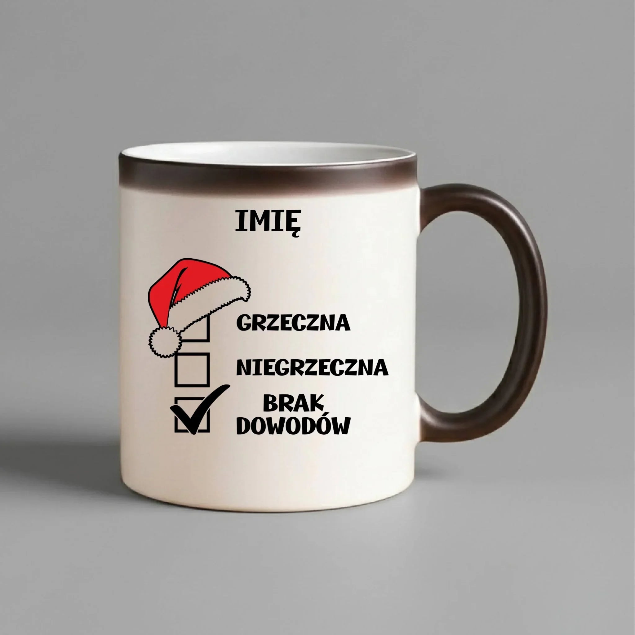 Kubek magiczny świąteczny - Grzeczna niegrzeczna brak dowodów - personalizowany BN147 - StoryCups.pl