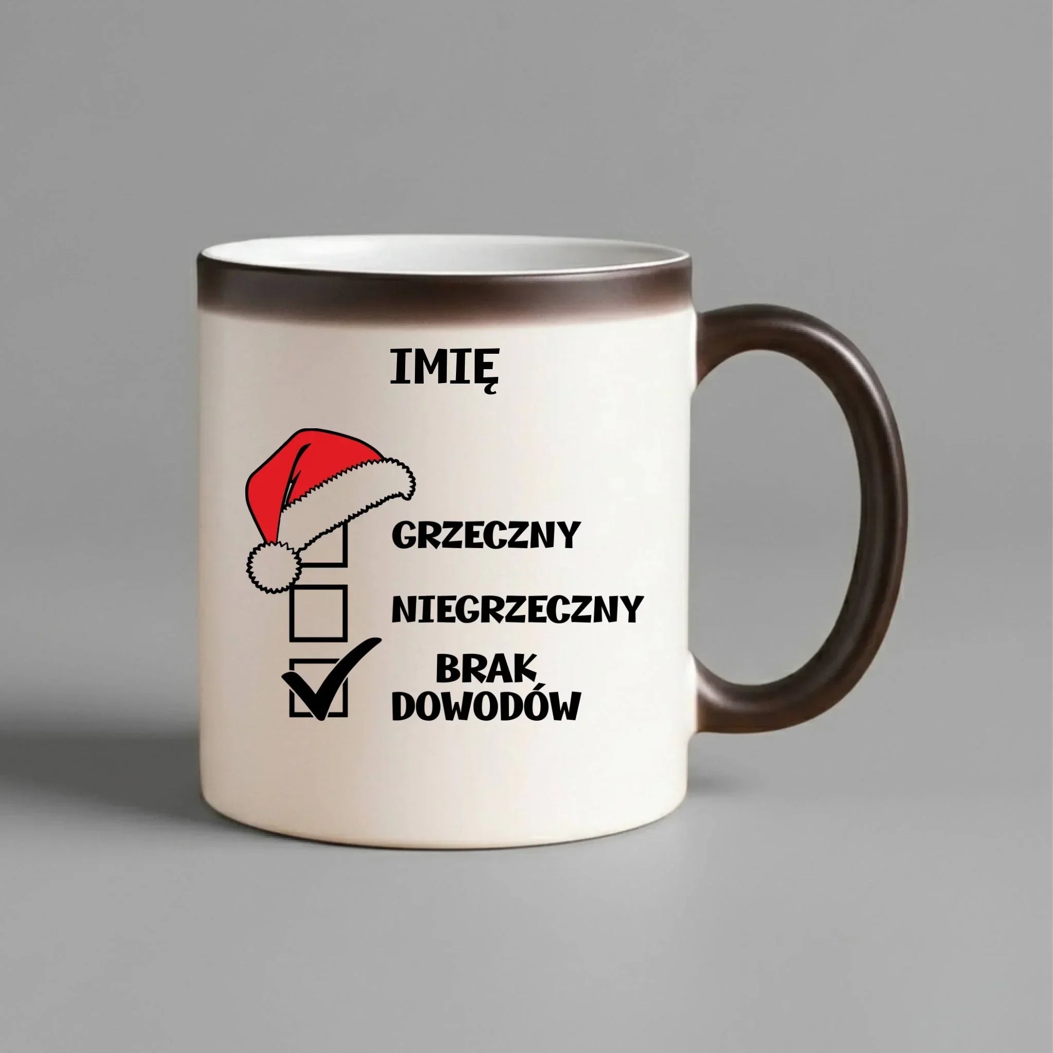 Kubek magiczny świąteczny - Grzeczny niegrzeczny brak dowodów - personalizowany BN99 - StoryCups.pl