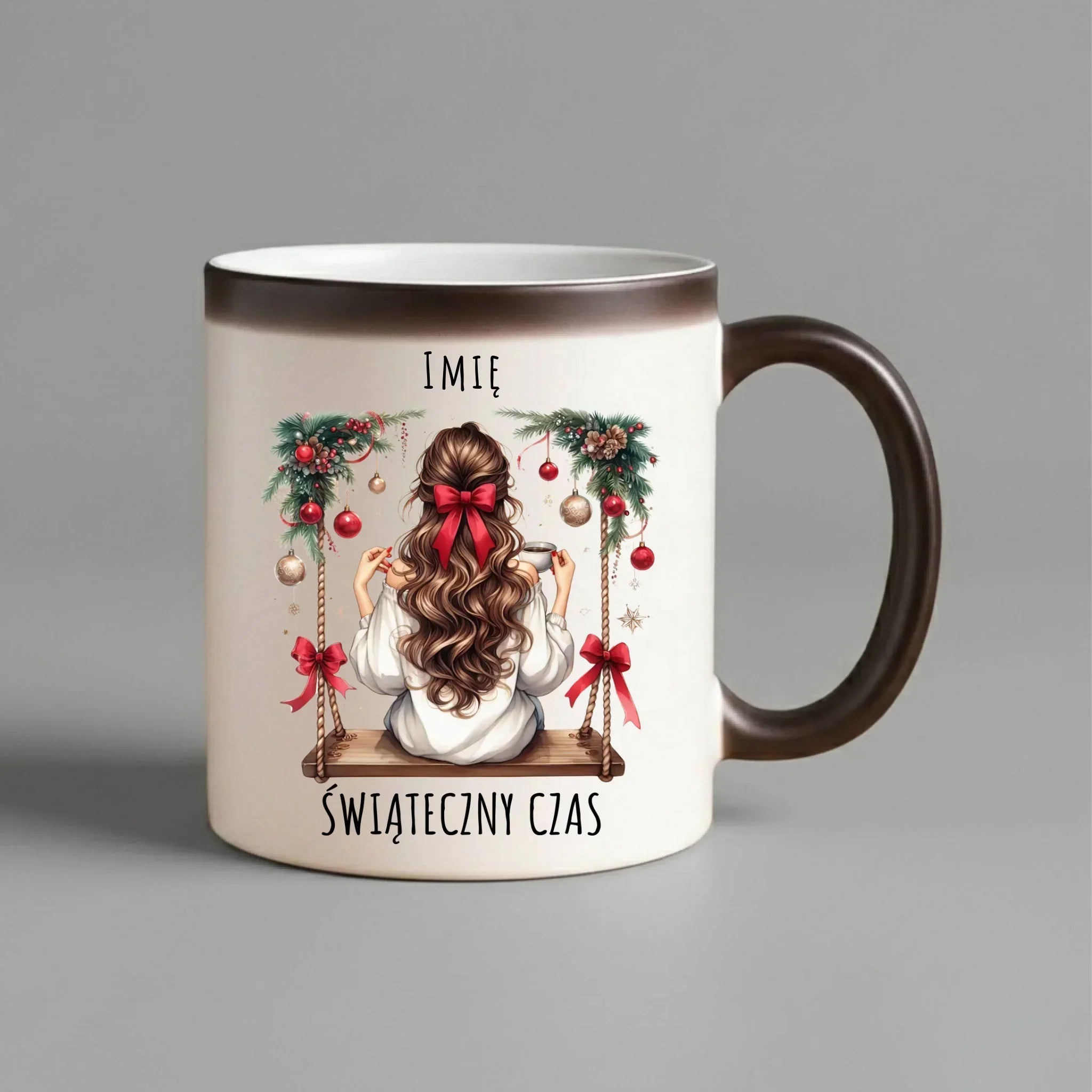 Kubek magiczny świąteczny - Dziewczyna na huśtawce - Świąteczny czas - personalizowany BN105 - StoryCups.pl