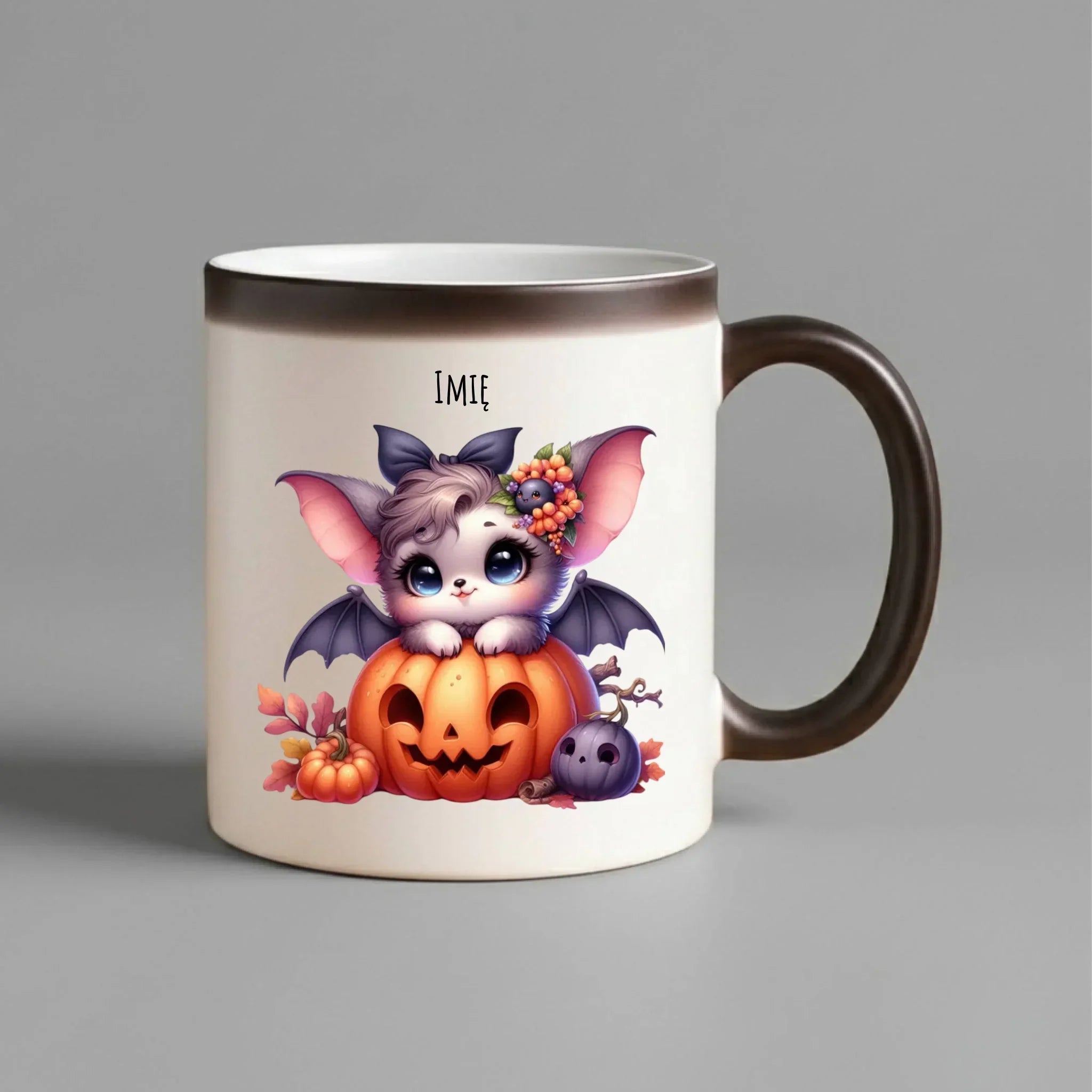 Kubek magiczny halloweenowy - Uroczy nietoperz z dynią - personalizowany HL08 - StoryCups.pl