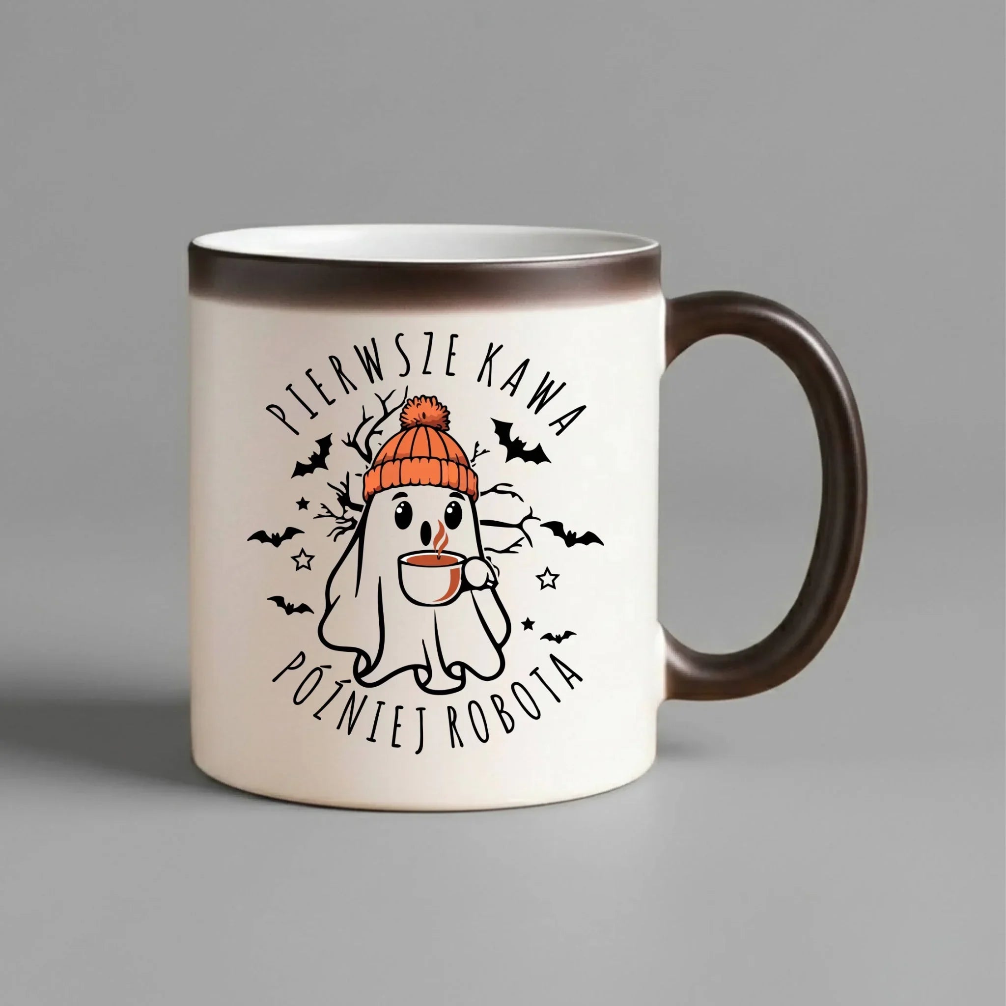 Kubek magiczny na Halloween - Duch z kawą - Pierwsze kawa później robota HL01 - StoryCups.pl