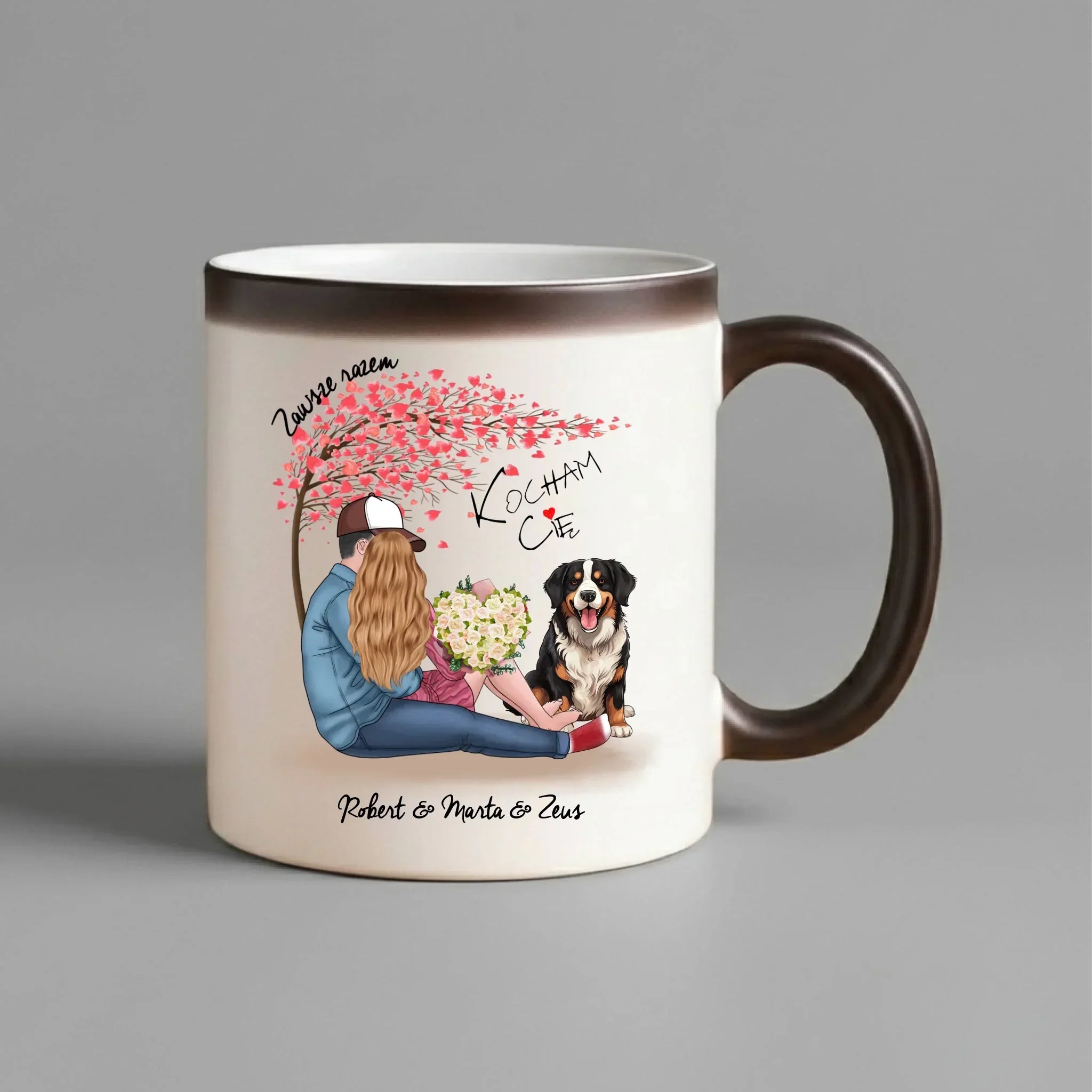 Kubek magiczny dla par + Berneńczyk - Zawsze razem - personalizowany W04A - StoryCups.pl