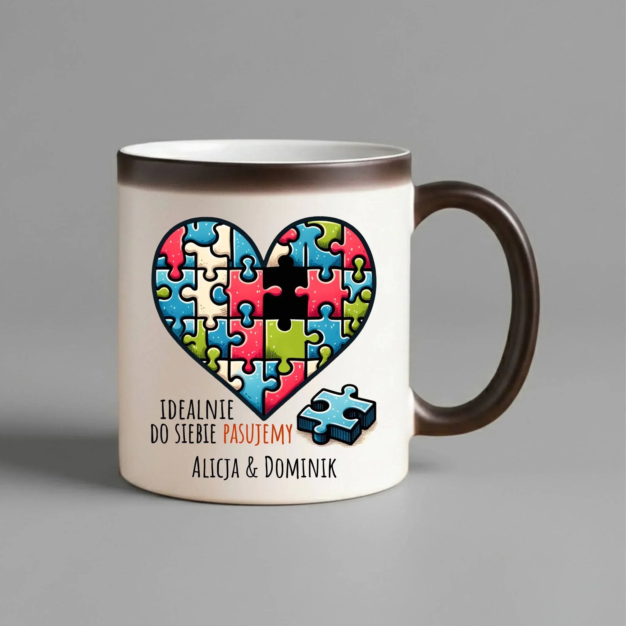 Kubek magiczny dla par - Idealnie do siebie pasujemy - personalizowany W44 - StoryCups.pl