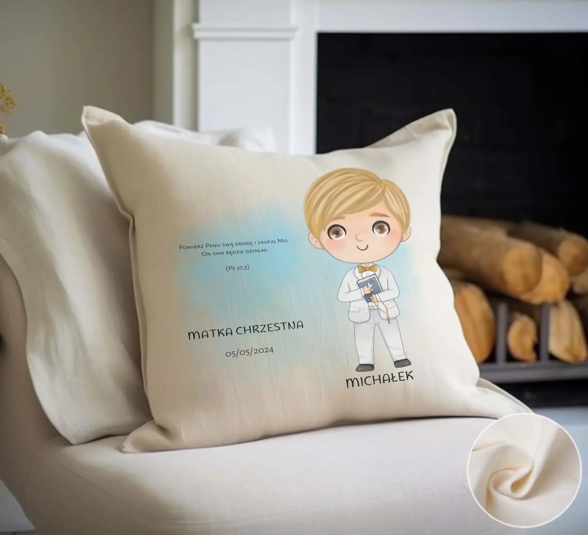 Poduszka Pierwsza Komunia Święta dla chłopca personalizacja cytat PK05 - StoryCups.pl