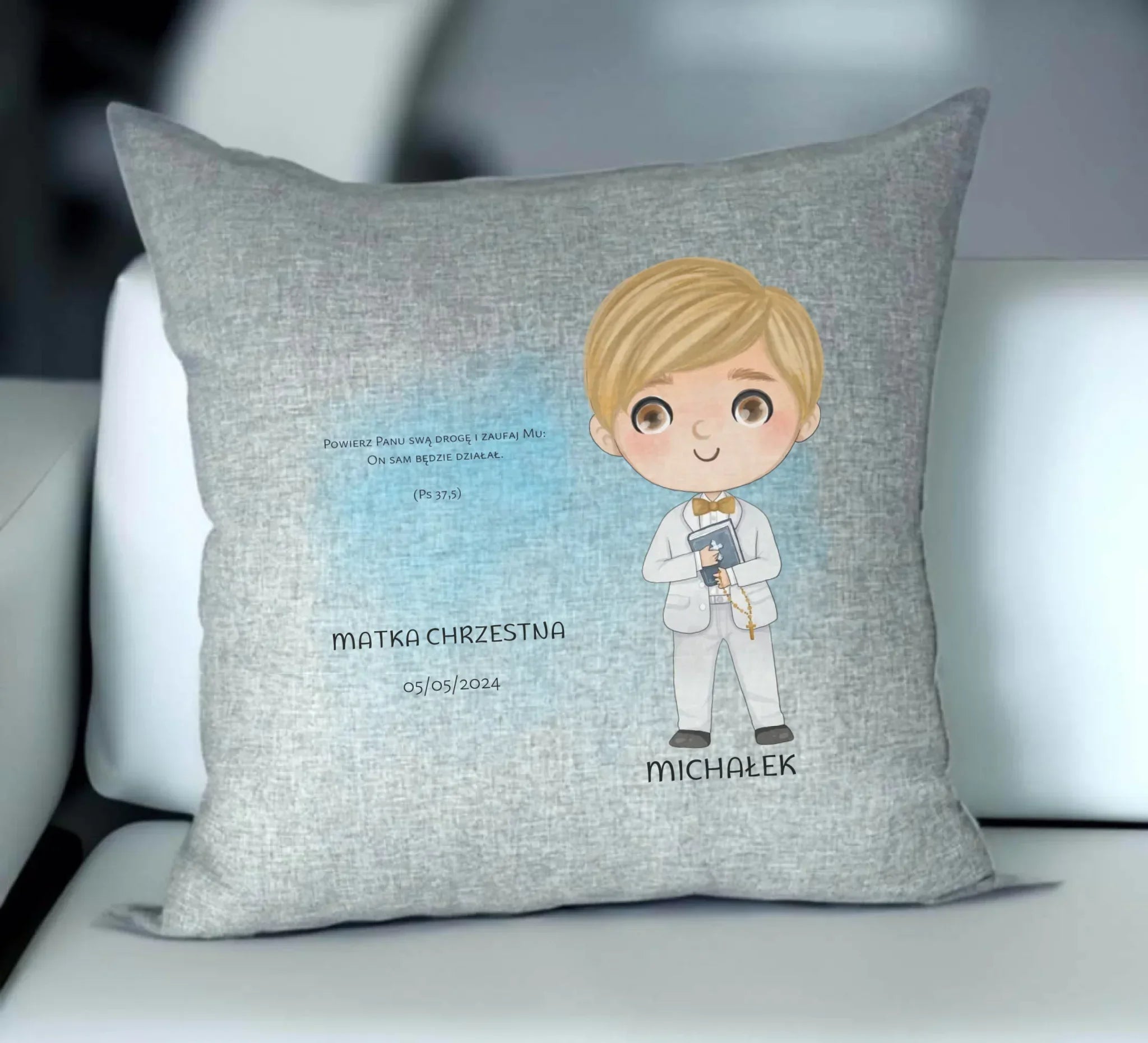Poduszka Pierwsza Komunia Święta dla chłopca personalizacja cytat PK05 - StoryCups.pl