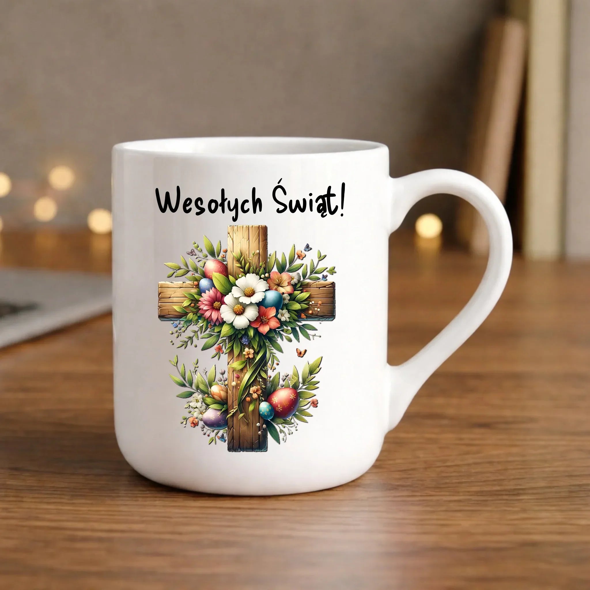 Kubek elegant na Wielkanoc - Krzyż z kwiatami Wesołych Świąt WN02 - StoryCups.pl