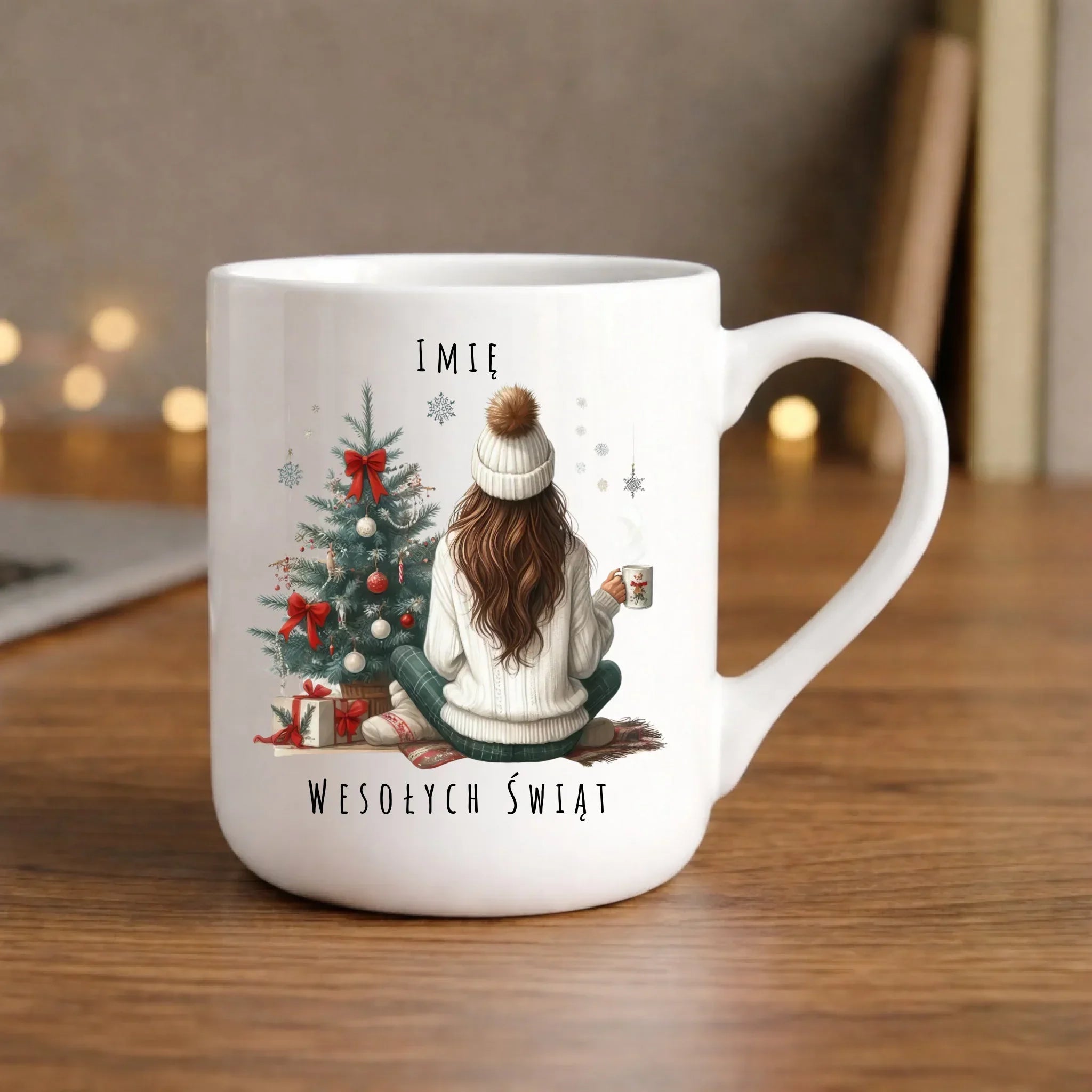 Kubek elegant świąteczny - Dziewczyna przy choince - personalizowany BN15 - StoryCups.pl