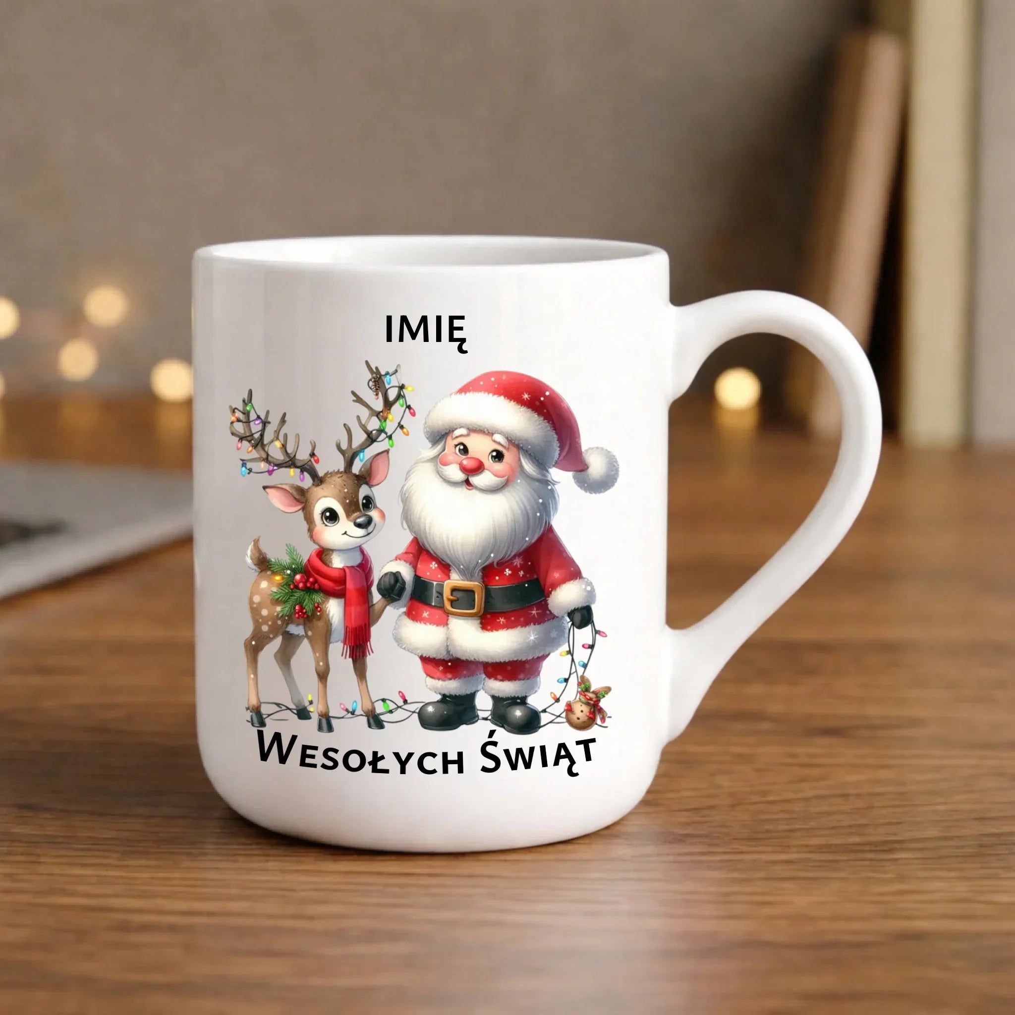 Kubek elegant świąteczny - Mikołaj z reniferem - personalizowany BN09 - StoryCups.pl