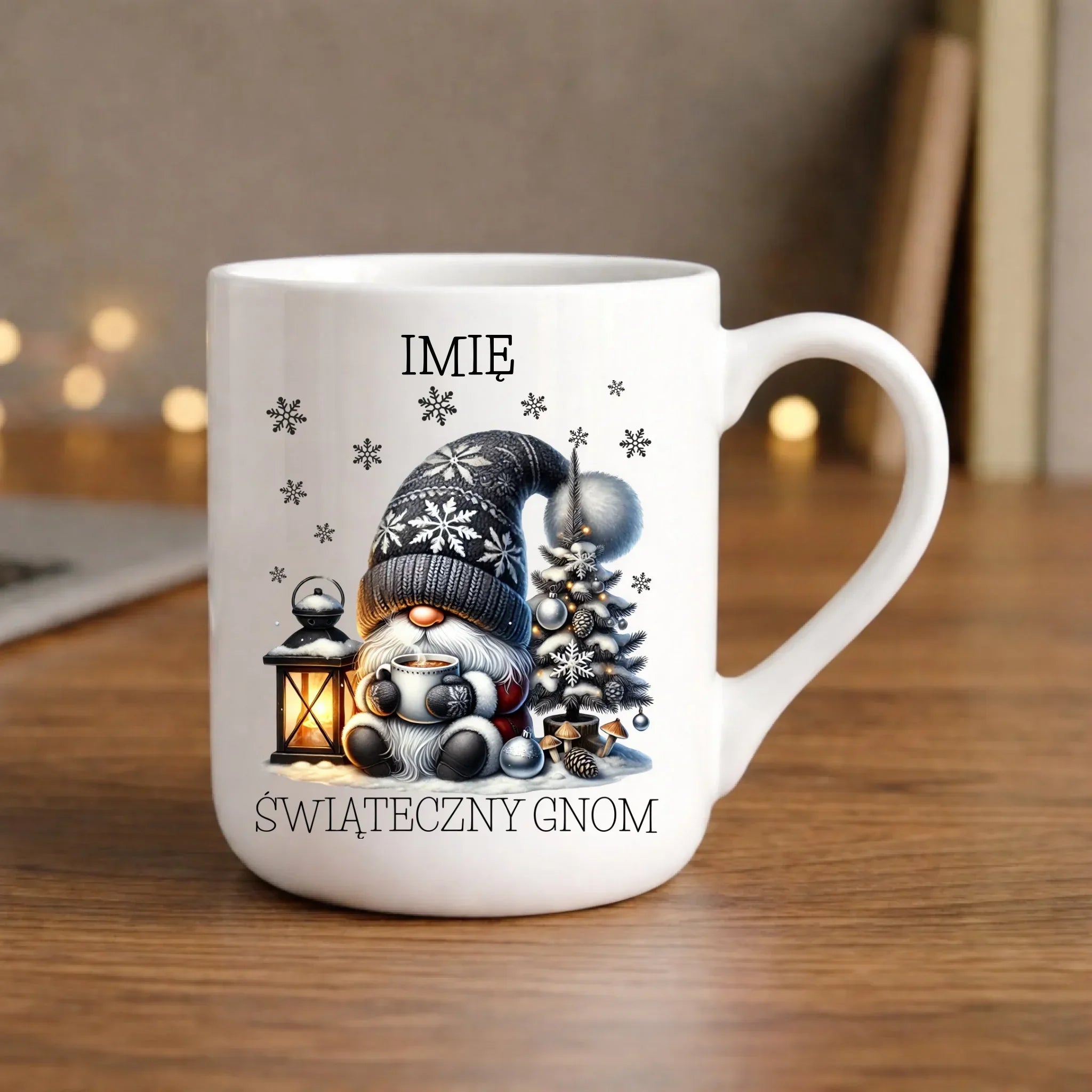 Kubek elegant świąteczny - Gnom z czekoladą - personalizowany BN41 - StoryCups.pl