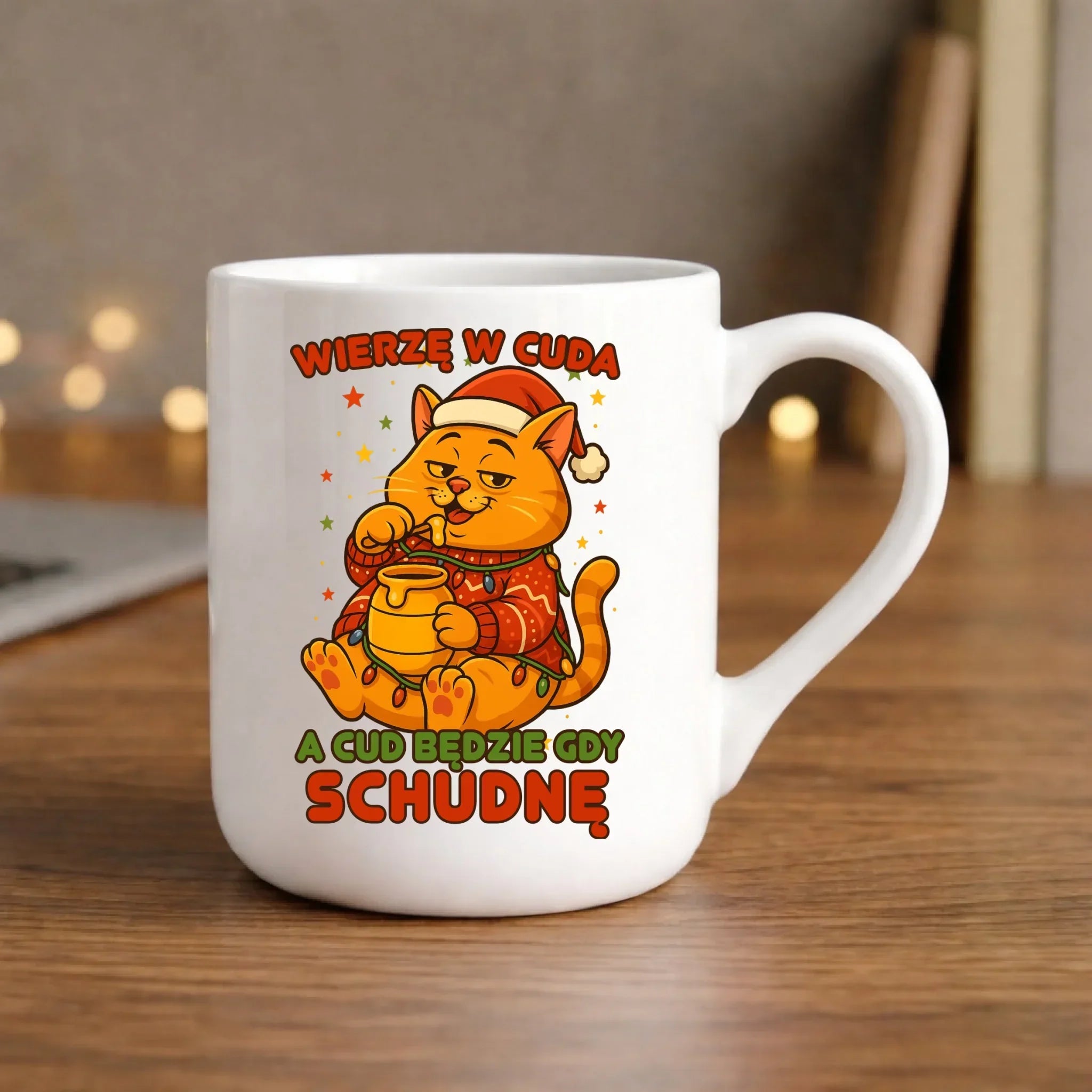 Kubek elegant świąteczny - Wierzę w cuda, a cud będzie gdy schudnę BN88 - StoryCups.pl
