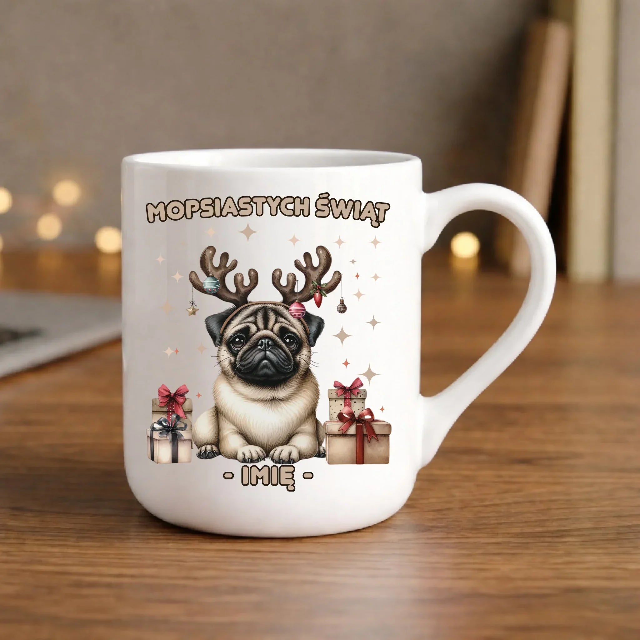 Kubek elegant świąteczny - Mops Mopsiastych świąt - personalizowany BN91 - StoryCups.pl