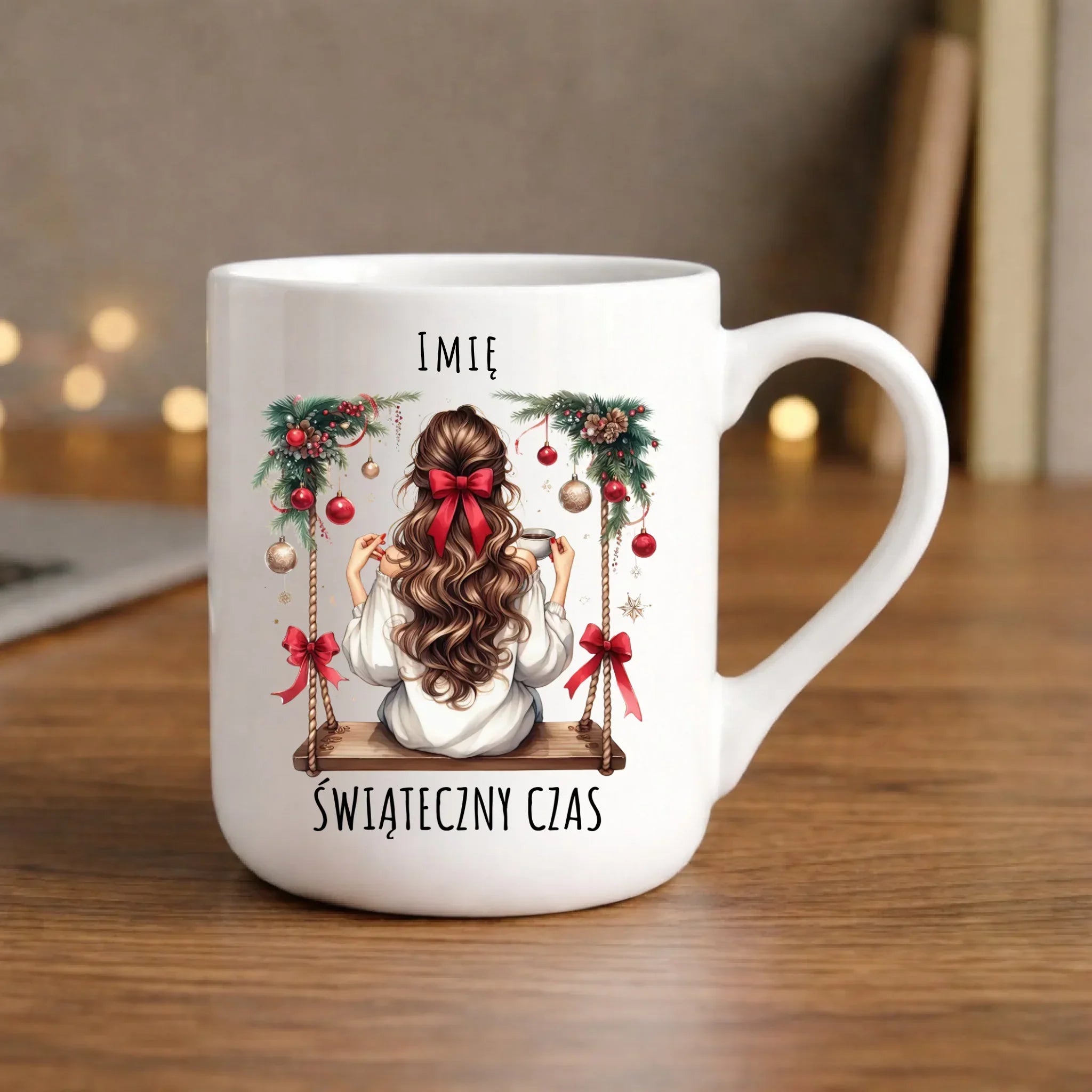 Kubek elegant świąteczny - Dziewczyna na huśtawce - Świąteczny czas - personalizowany BN105 - StoryCups.pl