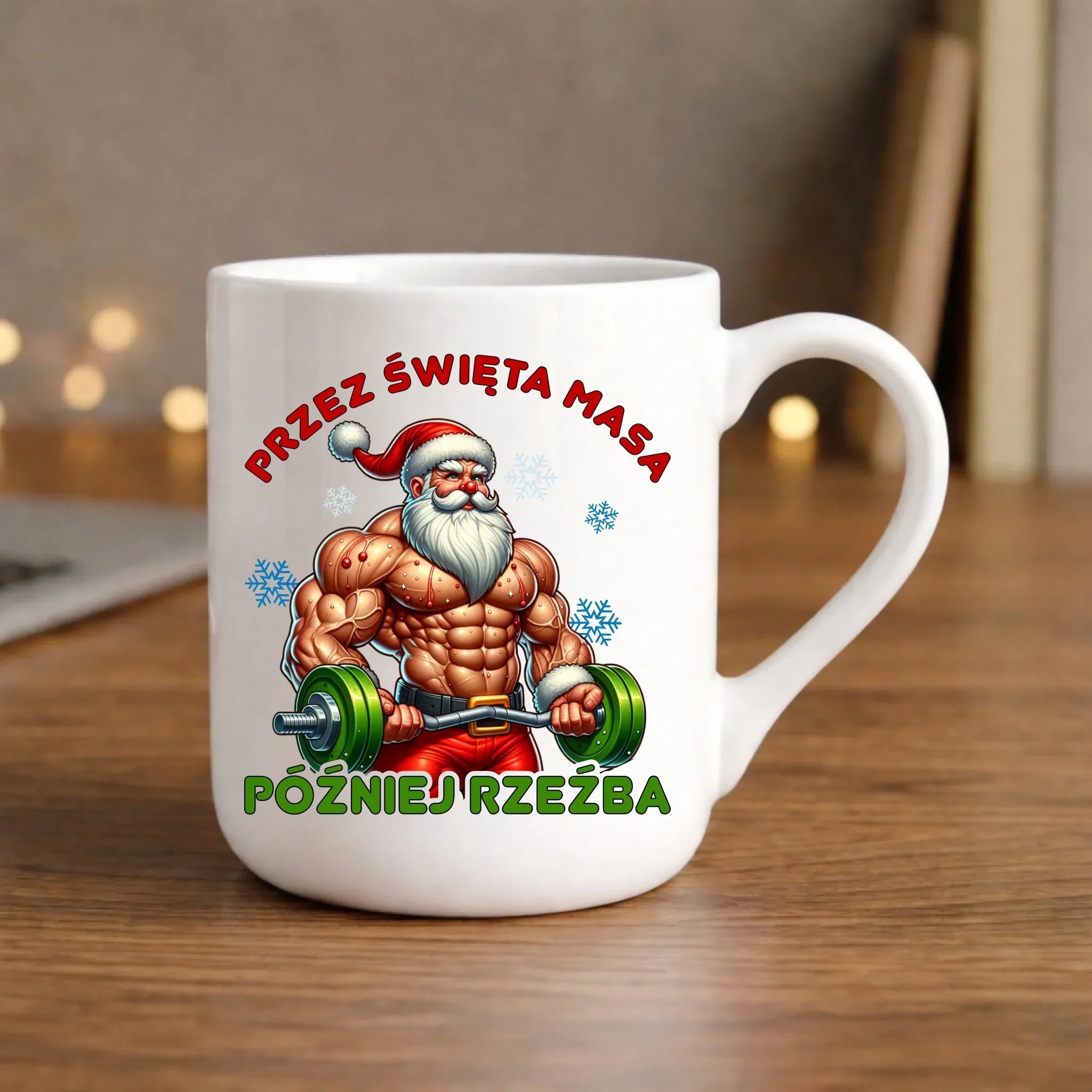Kubek elegant świąteczny - Mikołaj na siłowni - Przez święta masa, później rzeźba BN139 - StoryCups.pl