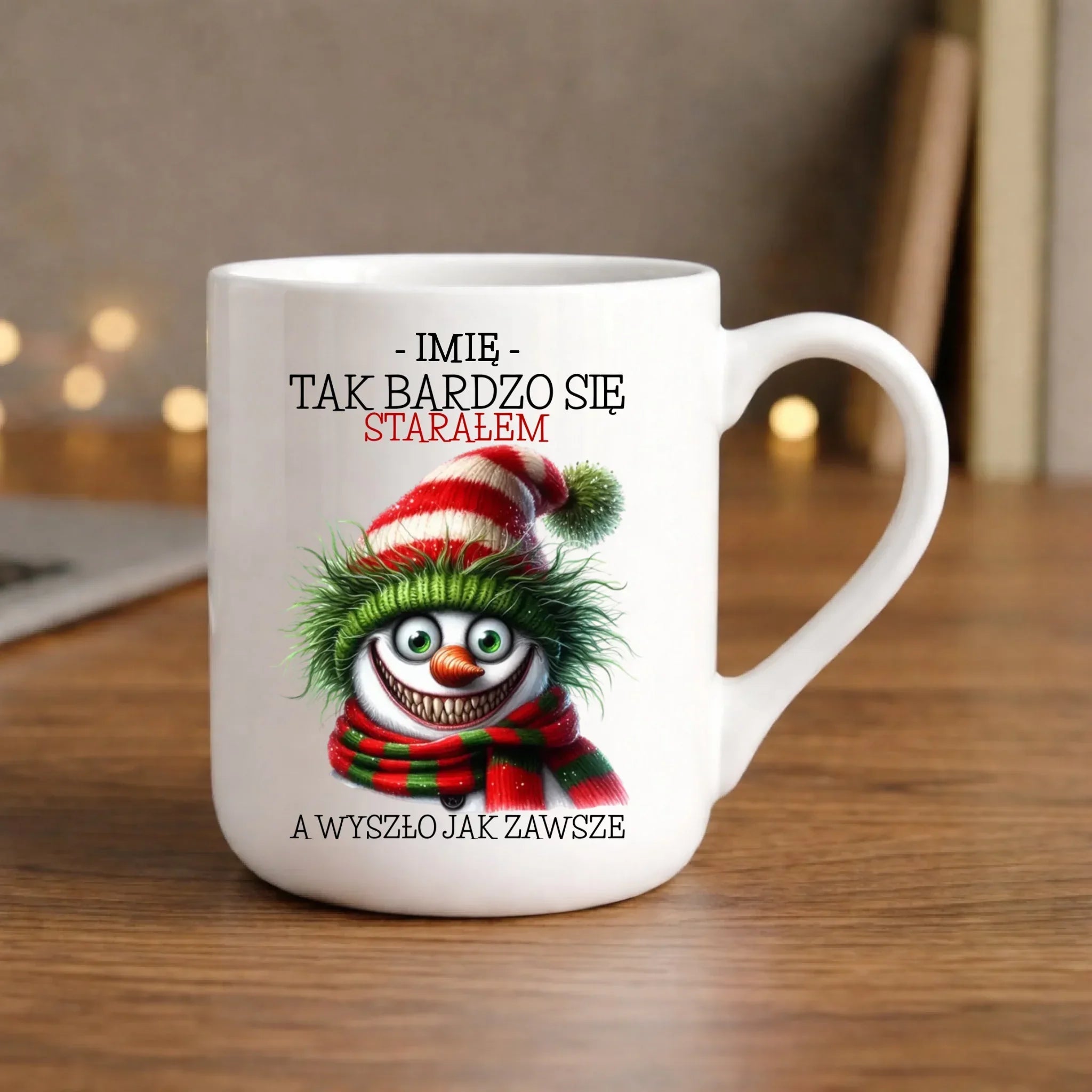 Kubek elegant świąteczny z bałwanem - Tak bardzo się starałem - personalizowany BN120 - StoryCups.pl