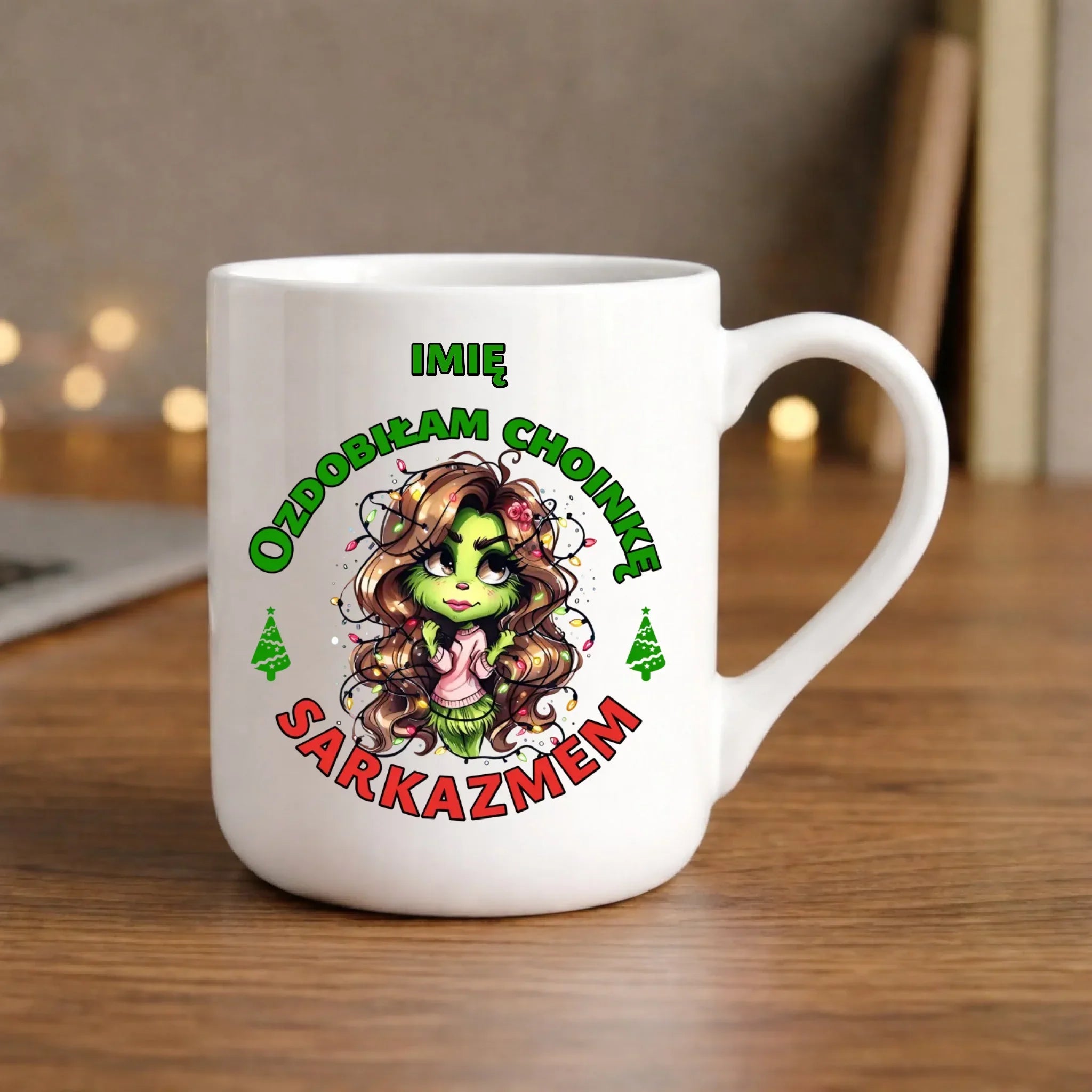Kubek elegant świąteczny - Grinch - Ozdobiłam choinkę sarkazmem - personalizowany BN115 - StoryCups.pl
