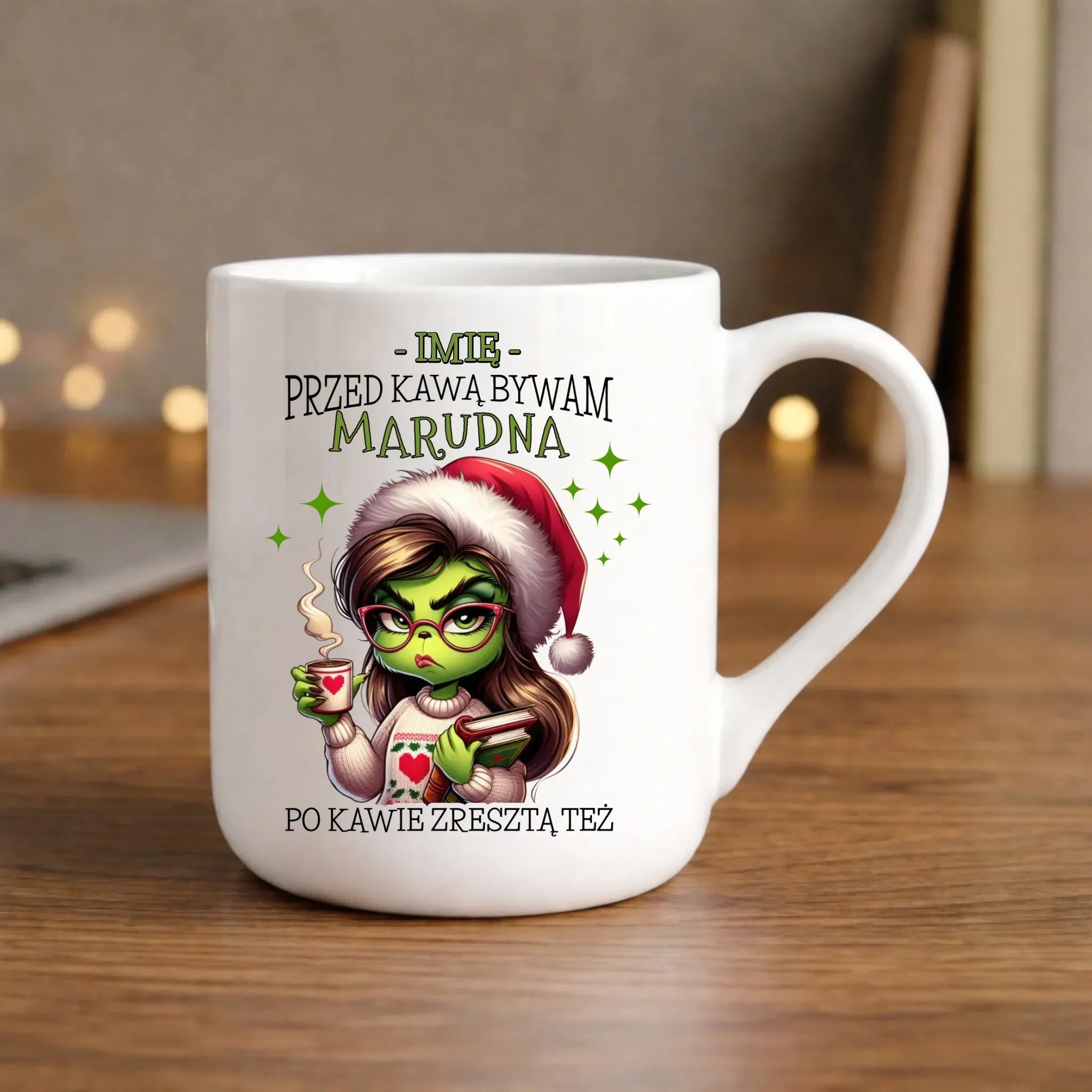 Kubek elegant świąteczny - Grinch - Przed kawą bywam marudna - personalizowany BN116 - StoryCups.pl