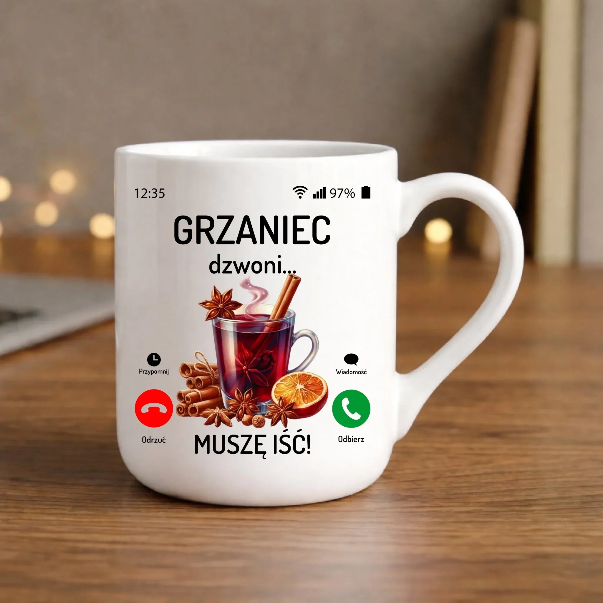 Kubek elegant świąteczny - Grzaniec dzwoni, muszę iść BN127 - StoryCups.pl