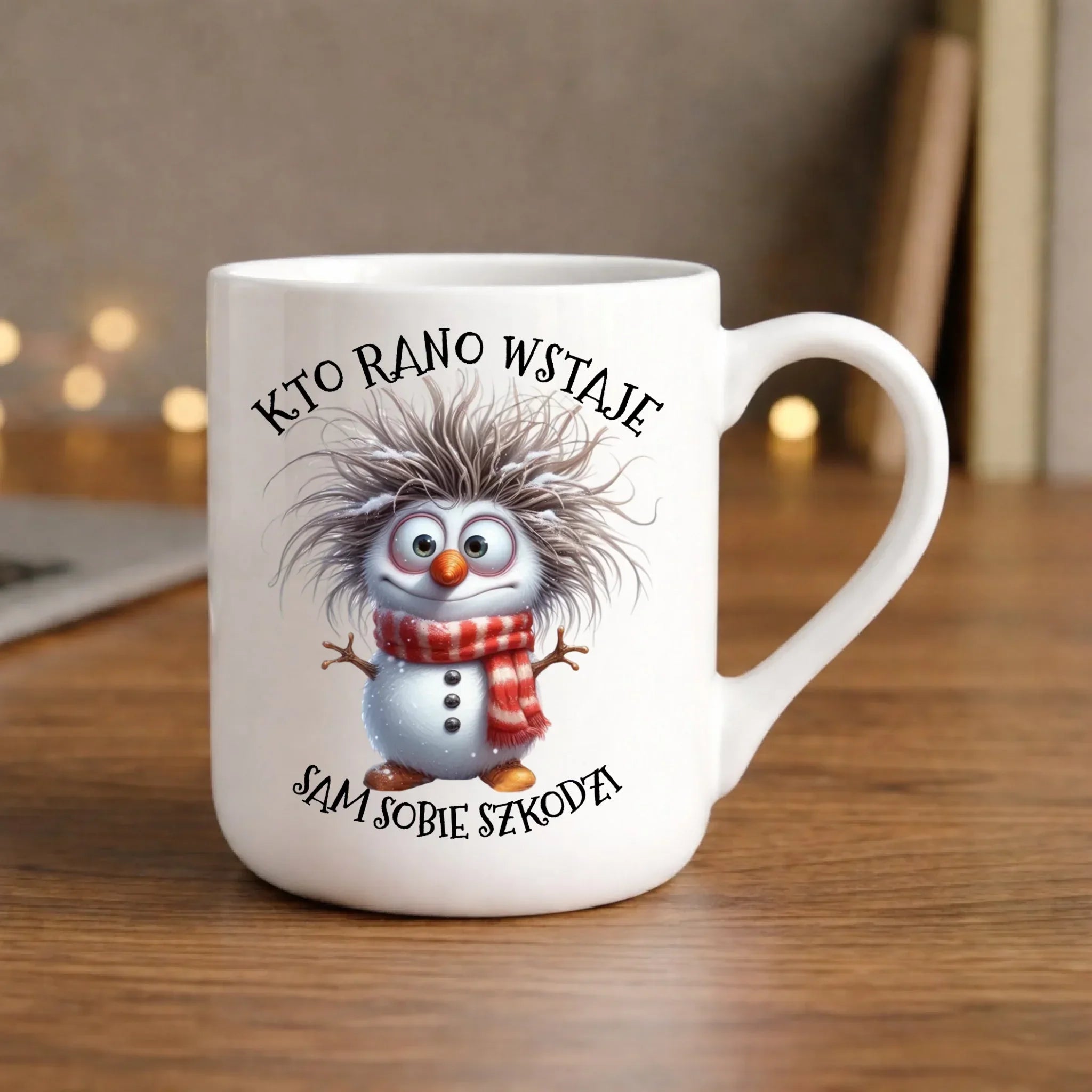 Kubek elegant świąteczny - Bałwanek - Kto rano wstaje sam sobie szkodzi BN133 - StoryCups.pl