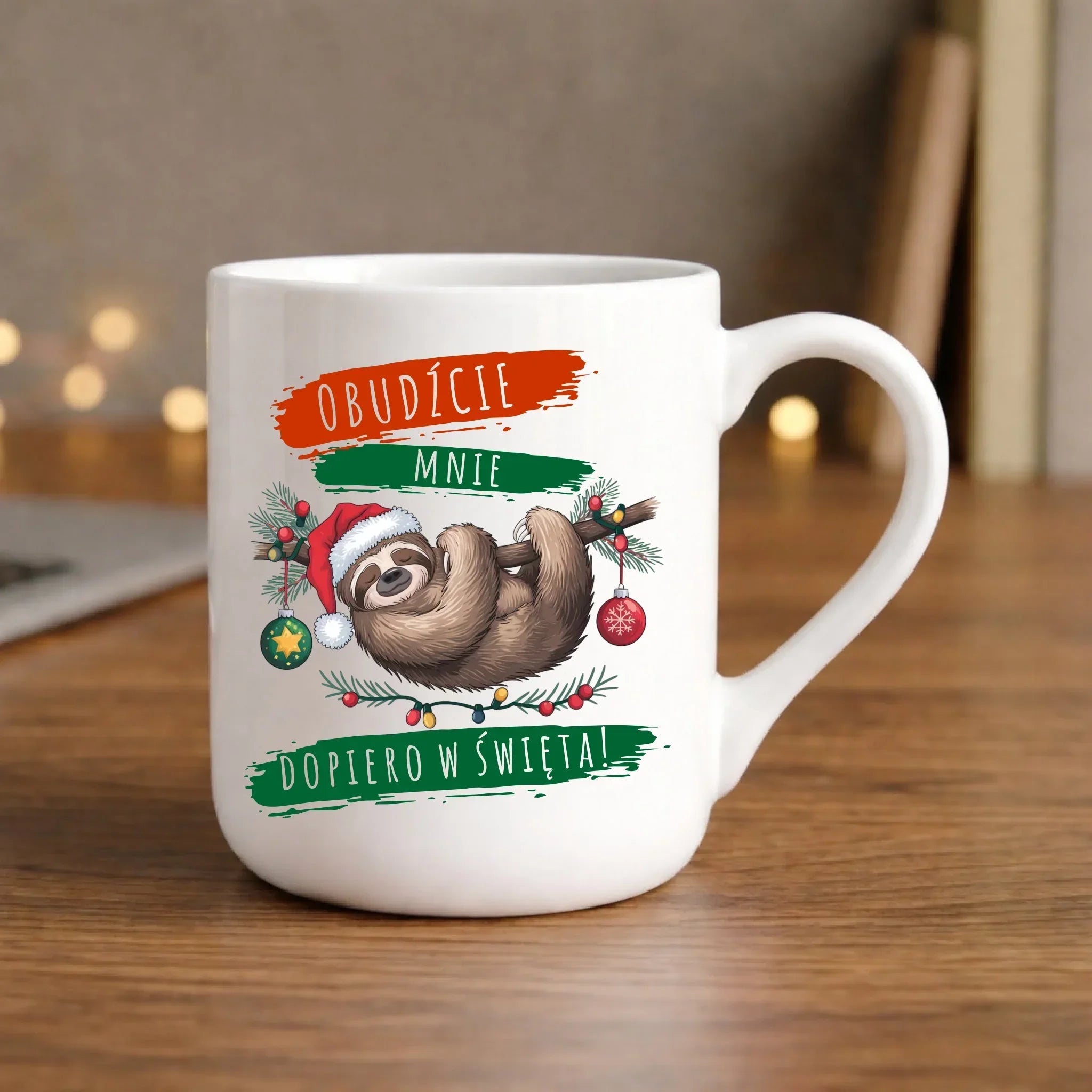 Kubek elegant świąteczny - Leniwiec - Obudźcie mnie dopiero w święta BN02 - StoryCups.pl