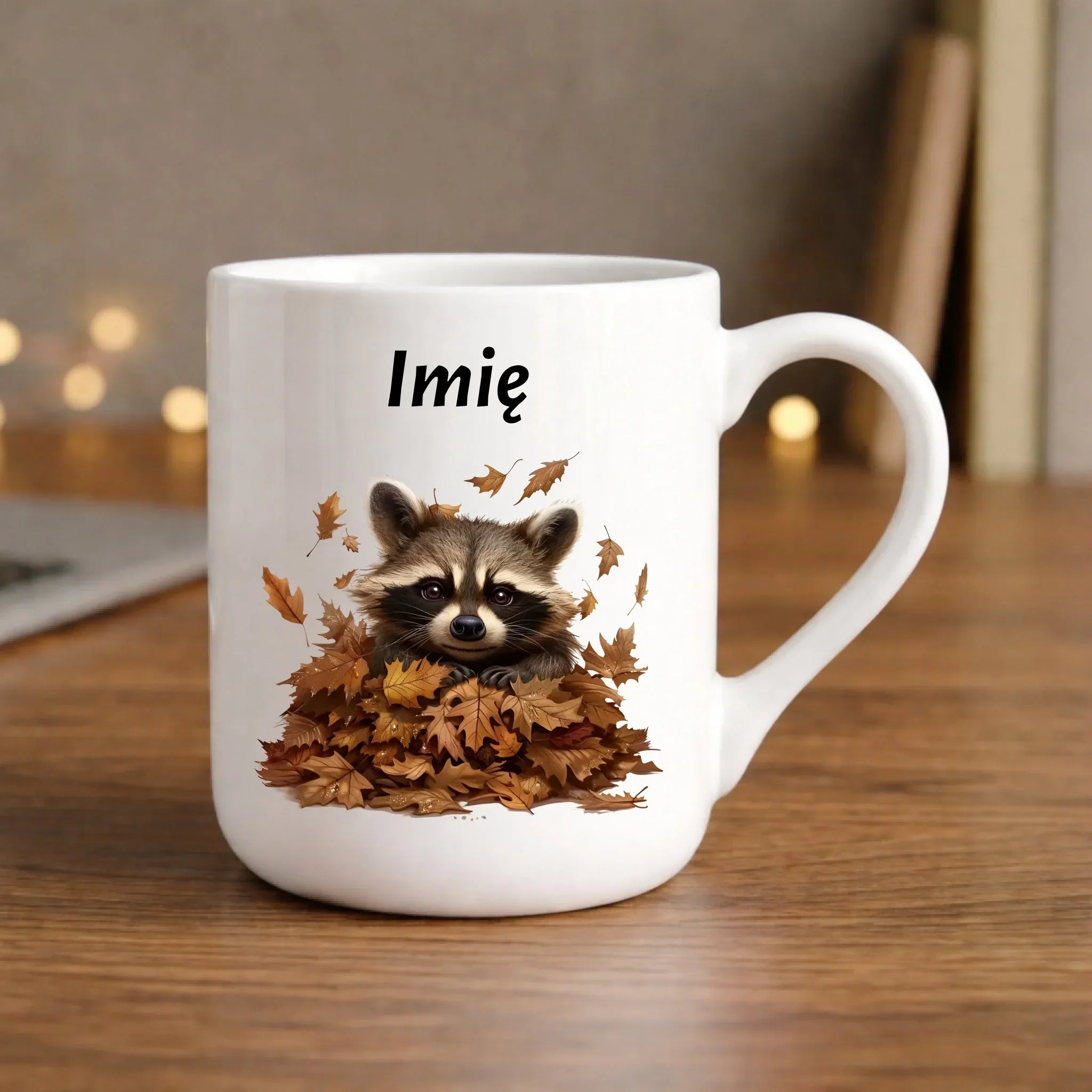 Kubek elegant jesienny - Szop w liściach - personalizowany JS24 - StoryCups.pl