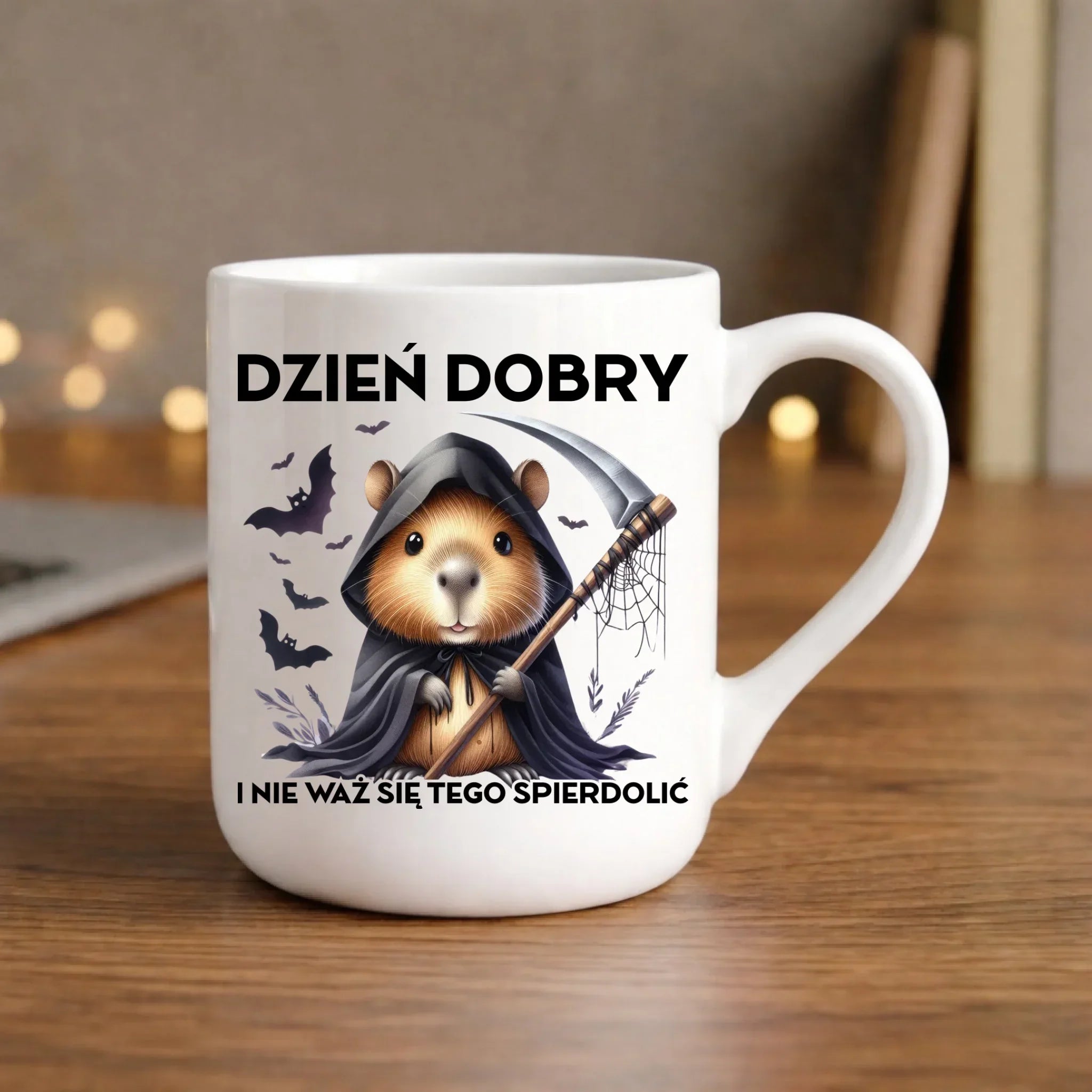 Kubek elegant halloweenowy - Kapibara Żniwiarz - Dzień dobry - bez cenzury HL20 - StoryCups.pl