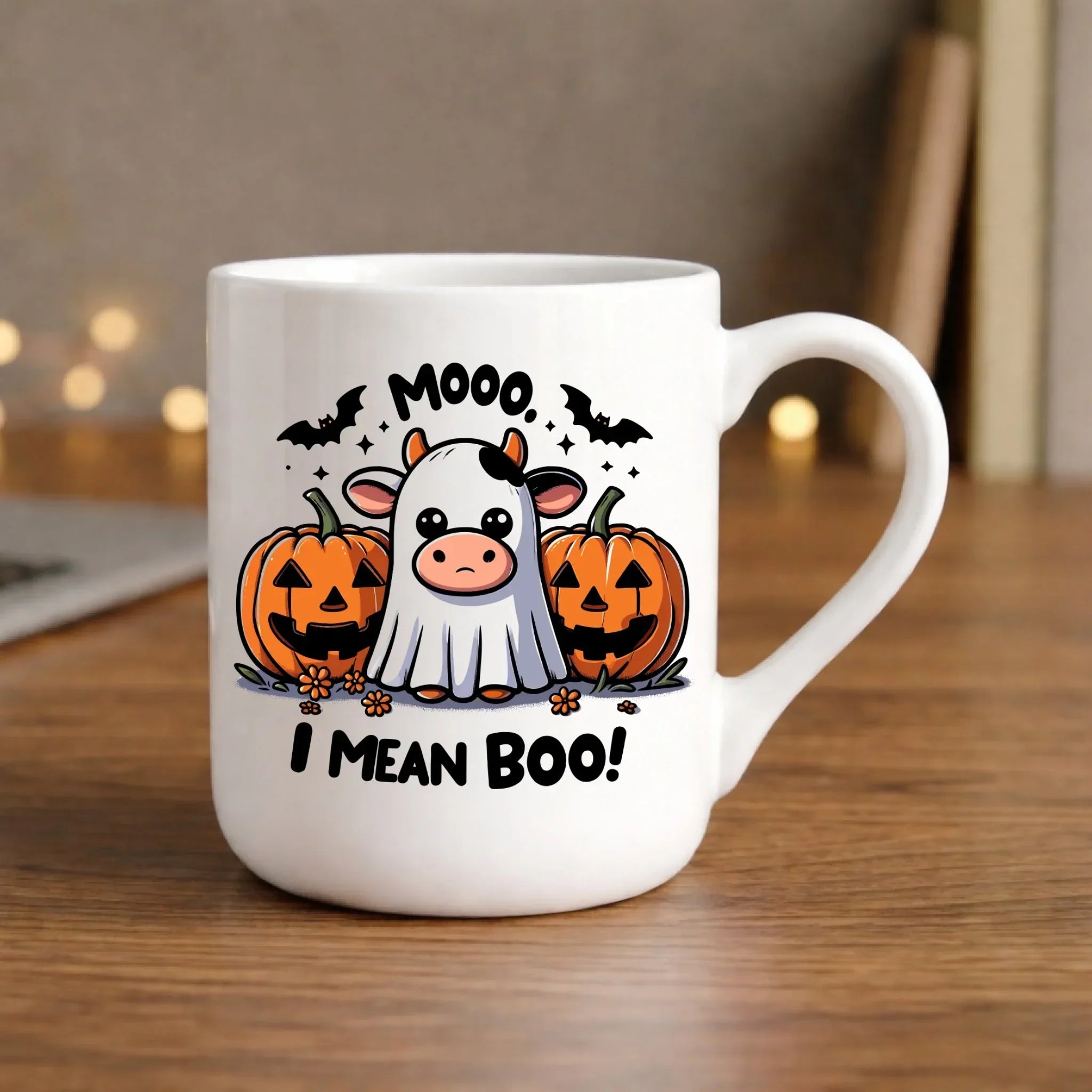 Kubek elegant na Halloween - Mooo I mean Boo! - z dynią i duchem HL14 - StoryCups.pl