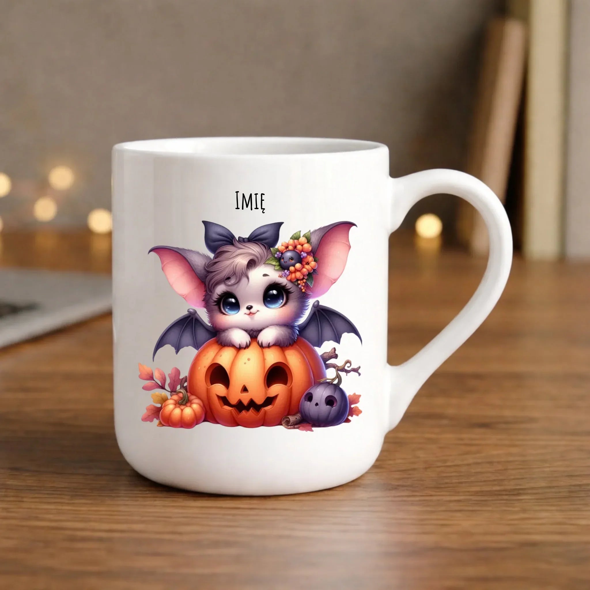 Kubek elegant halloweenowy - Uroczy nietoperz z dynią - personalizowany HL08 - StoryCups.pl